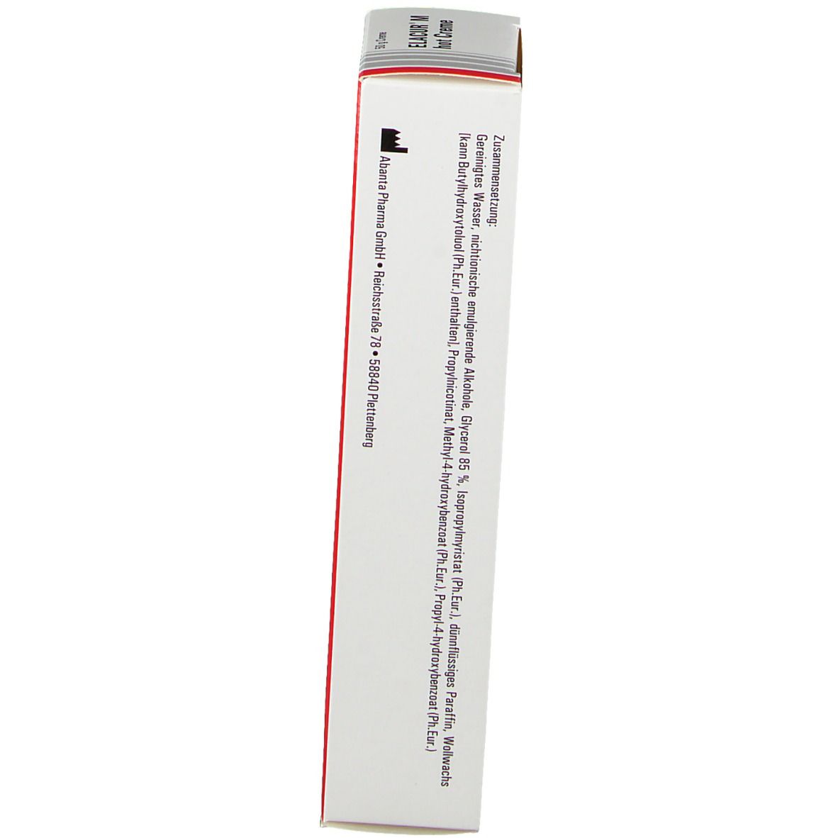 Elacur M hot Creme Schachtel. Seite. Text und Logo. Weiß, rot und schwarz. Abanta Pharma.