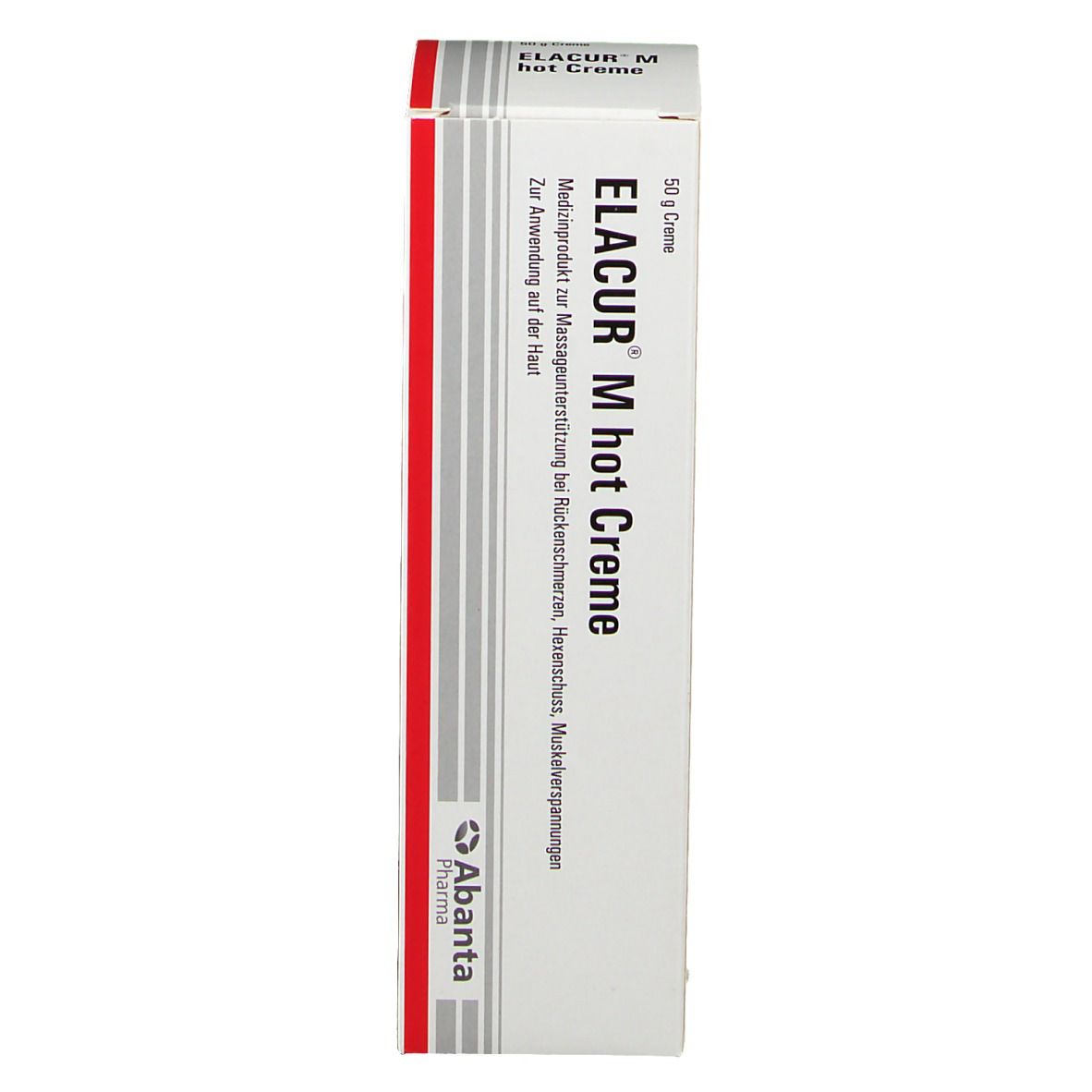 Elacur M hot Creme Schachtel. Seite. Text und Logo. Weiß, rot und schwarz. Abanta Pharma.