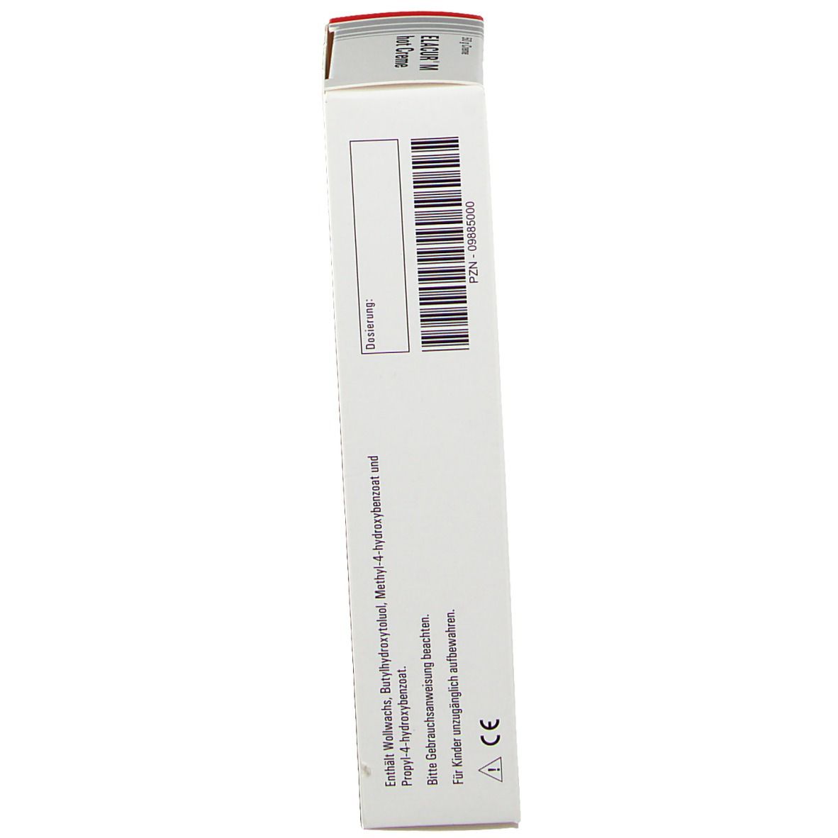 Elacur M hot Creme Schachtel. Seite. Text und Logo. Weiß, rot und schwarz. Abanta Pharma.