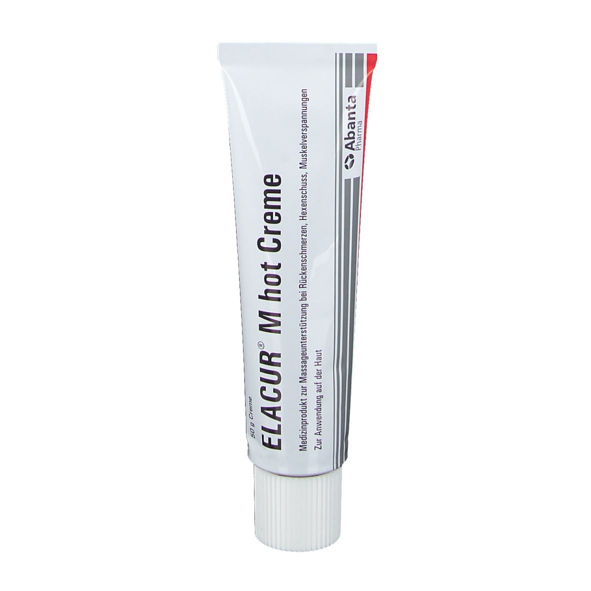 Elacur M hot Creme Tube. Weiß, rot und schwarz. Text: Elacur M hot Creme, 50g Creme. Abanta Pharma Logo.