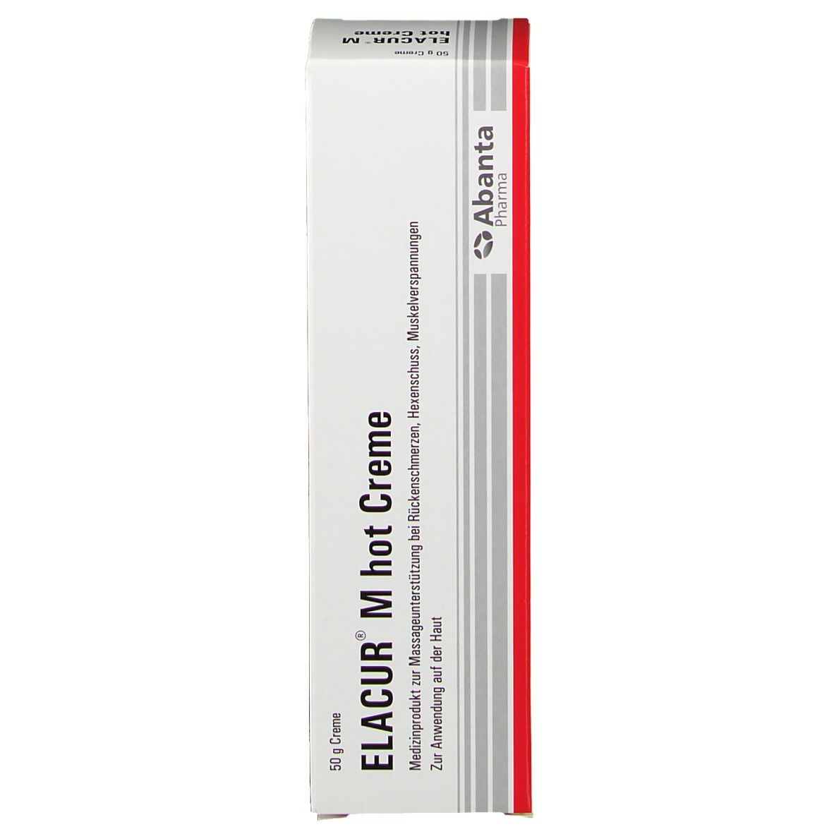 Elacur M hot Creme Schachtel. Weiß, rot und schwarz. Text: Elacur M hot Creme, 50g Creme. Abanta Pharma Logo.