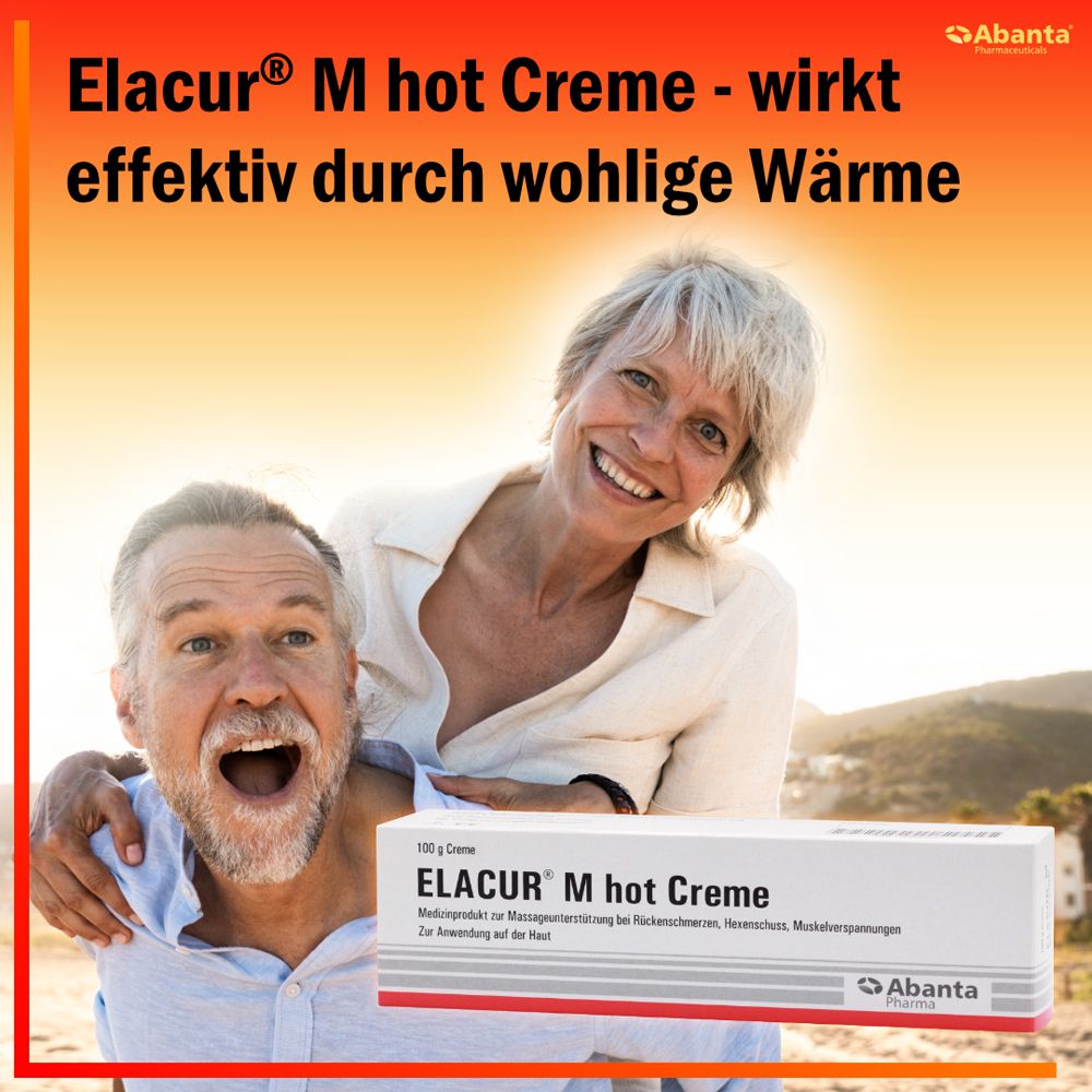 Verpackung von Elacur M hot Creme, 100g. Abgebildet ist ein älteres Paar, das lacht.