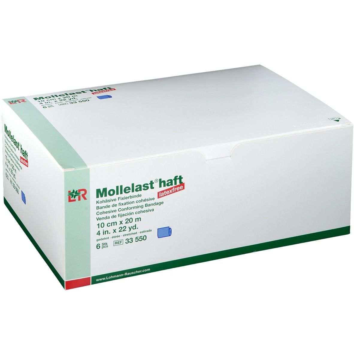 Karton mit Mollelast® haft. Größe: 10 cm x 20 m. Farbe: blau. Latex-frei. 6 Stück. Aufdruck: Kohäsive Fixierbinde.
