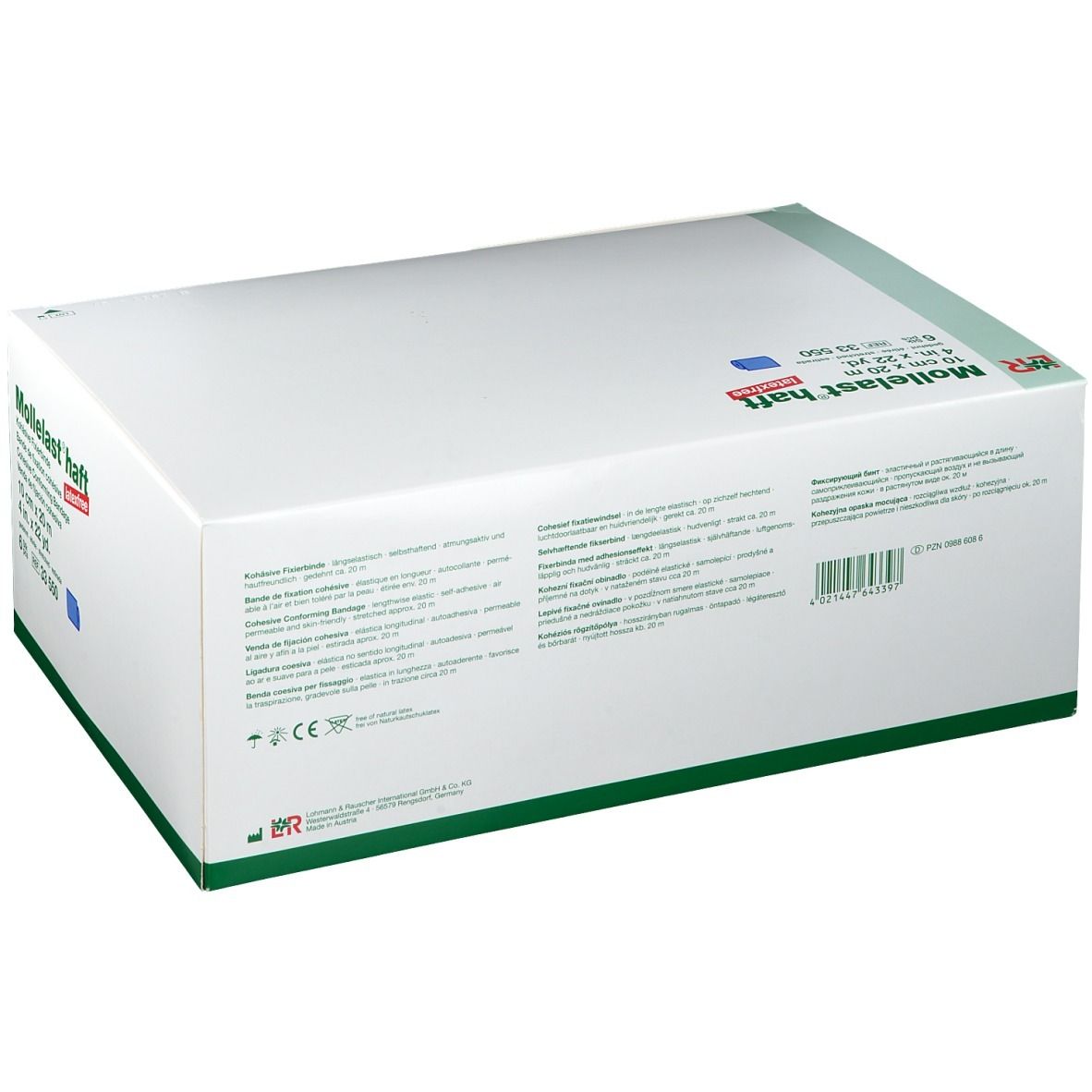 Karton mit Mollelast® haft. Größe: 10 cm x 20 m. Farbe: blau. Latex-frei. 6 Stück. Aufdruck: Kohäsive Fixierbinde. Rückseite mit Text.