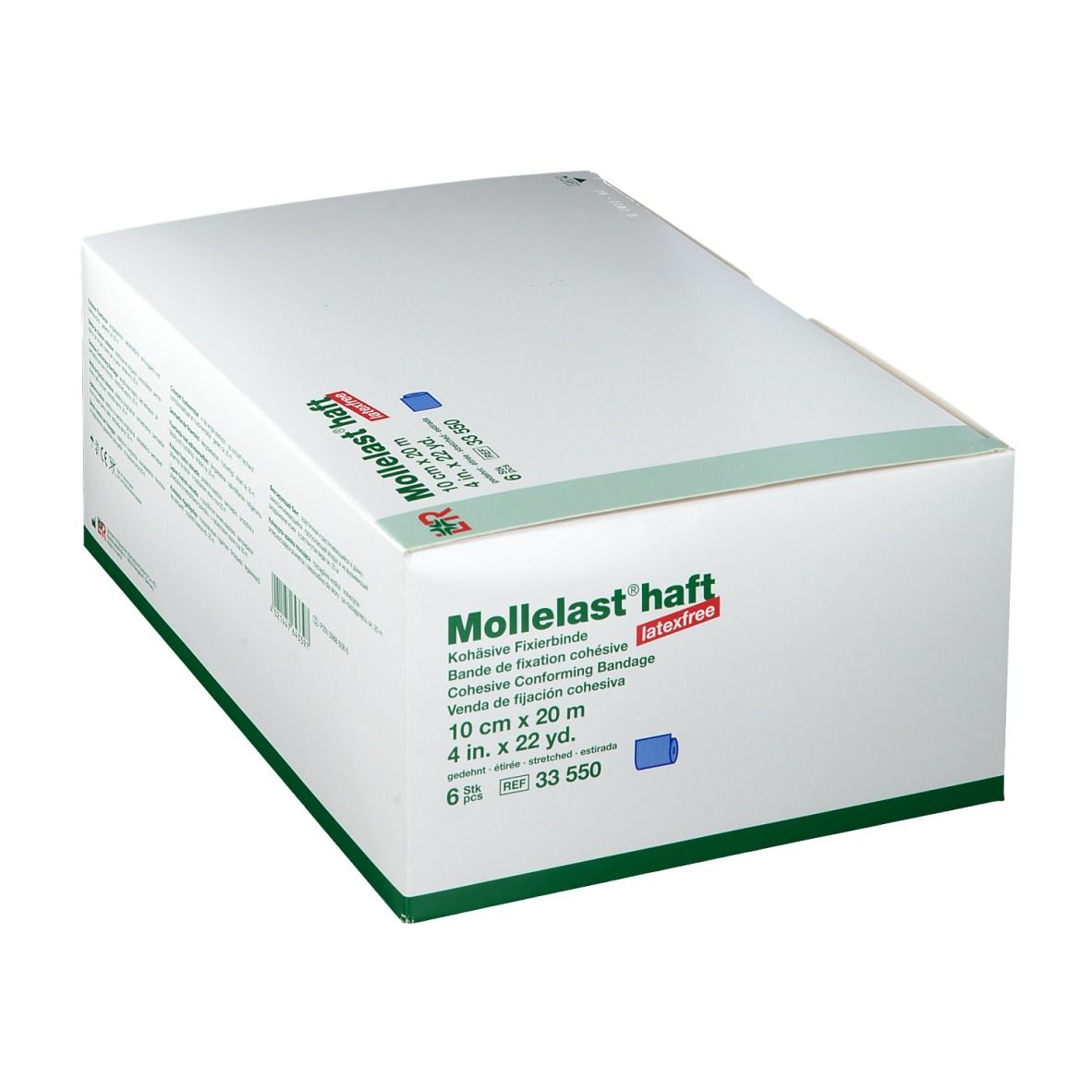 Karton mit Mollelast® haft. Größe: 10 cm x 20 m. Farbe: blau. Latex-frei. 6 Stück. Aufdruck: Kohäsive Fixierbinde.