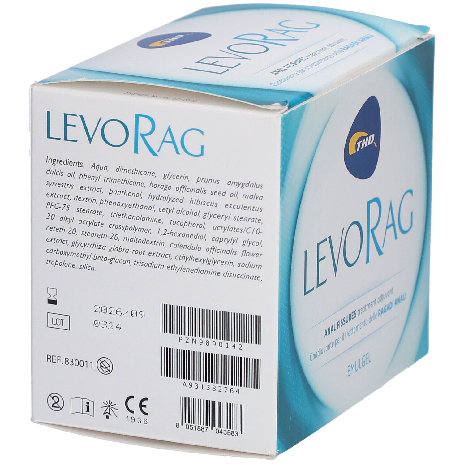 Rückseite der Verpackung. Inhaltsstoffe, Chargennummer, Verfallsdatum. THD-Logo. Text: LEVORAG Emulgel.