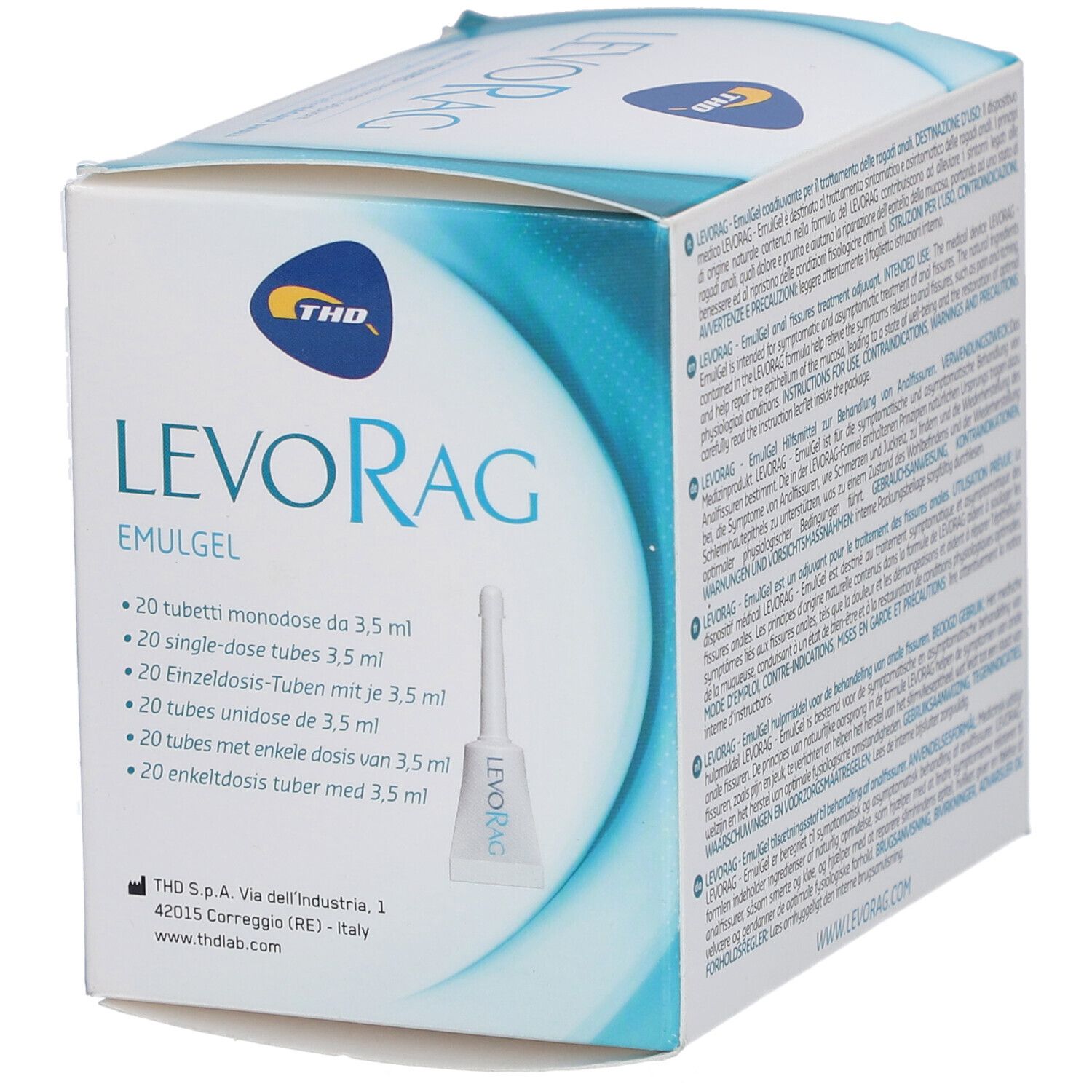 Verpackung mit LEVORAG Emulgel und Applikatoren. Text: 20 Einzeldosis-Tuben. THD-Logo.