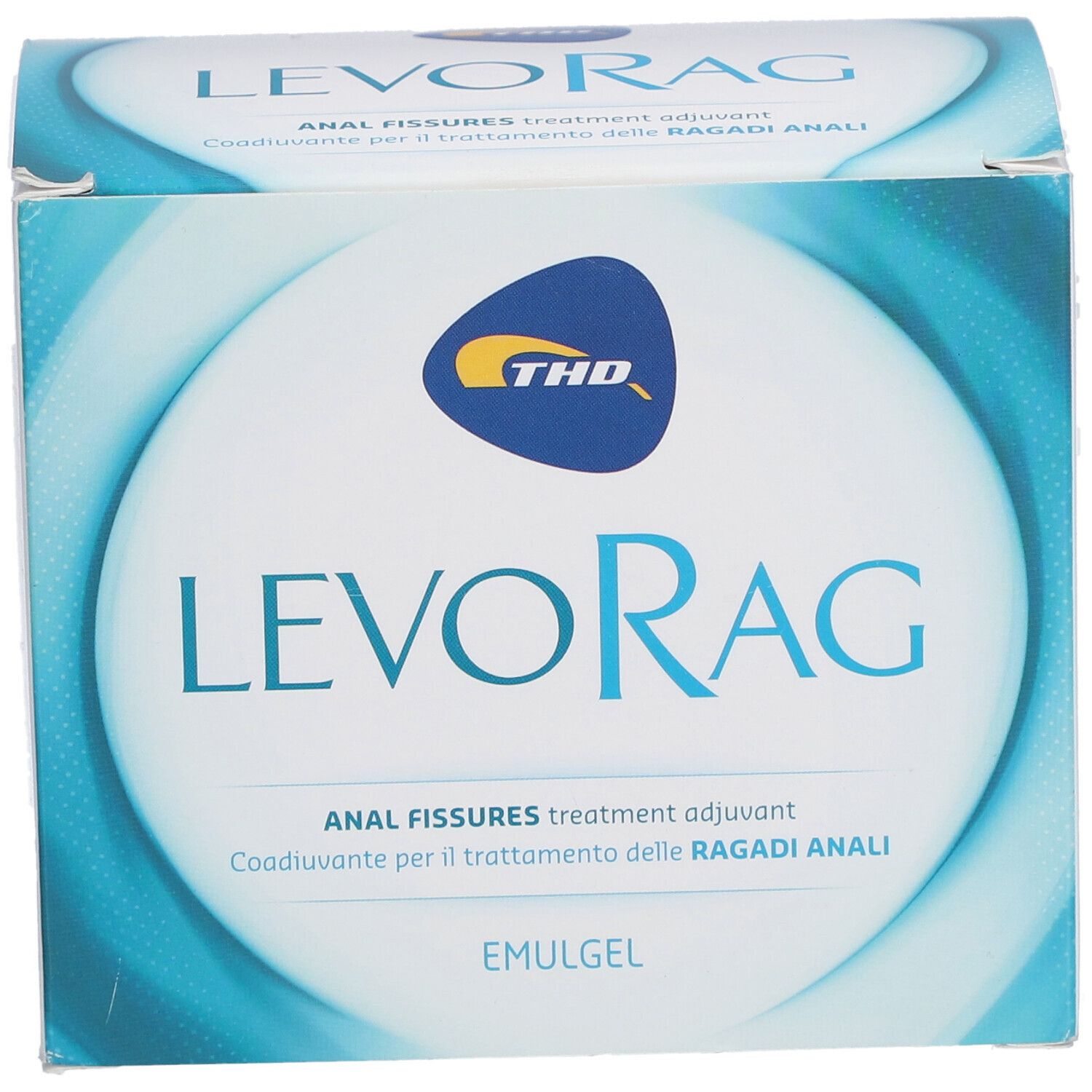 Kartonverpackung mit LEVORAG Emulgel. Blau und weiß. THD-Logo. Text: Analfissuren-Behandlung.