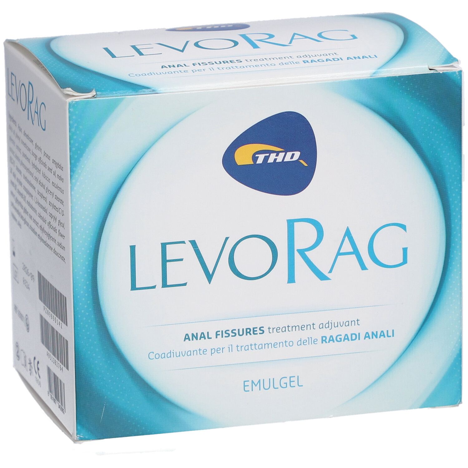 Kartonverpackung mit LEVORAG Emulgel. Blau und weiß. THD-Logo. Text: Analfissuren-Behandlung.