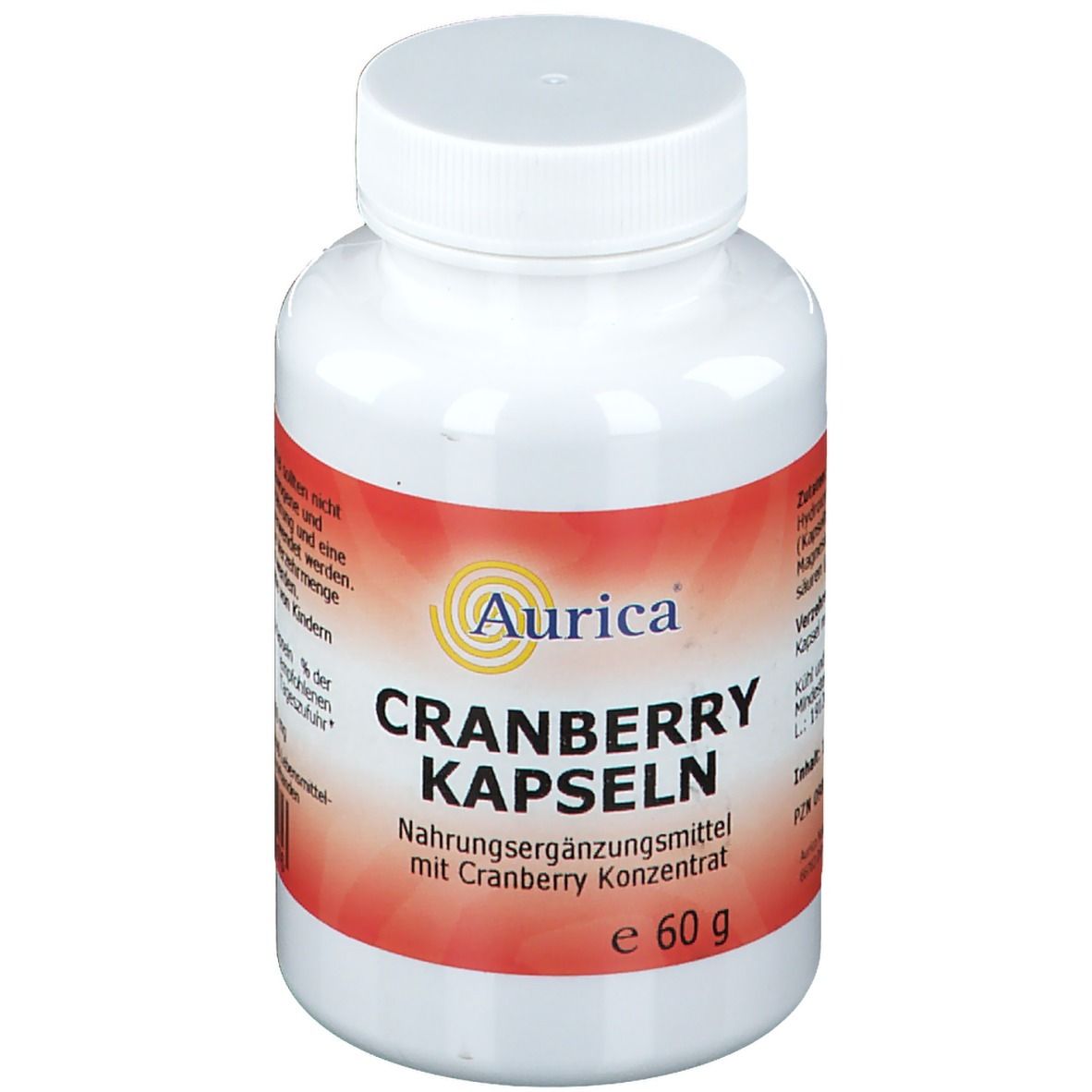 Weiße Flasche Aurica Cranberry Kapseln. Roter Aufkleber mit Produktinformationen und Logo.