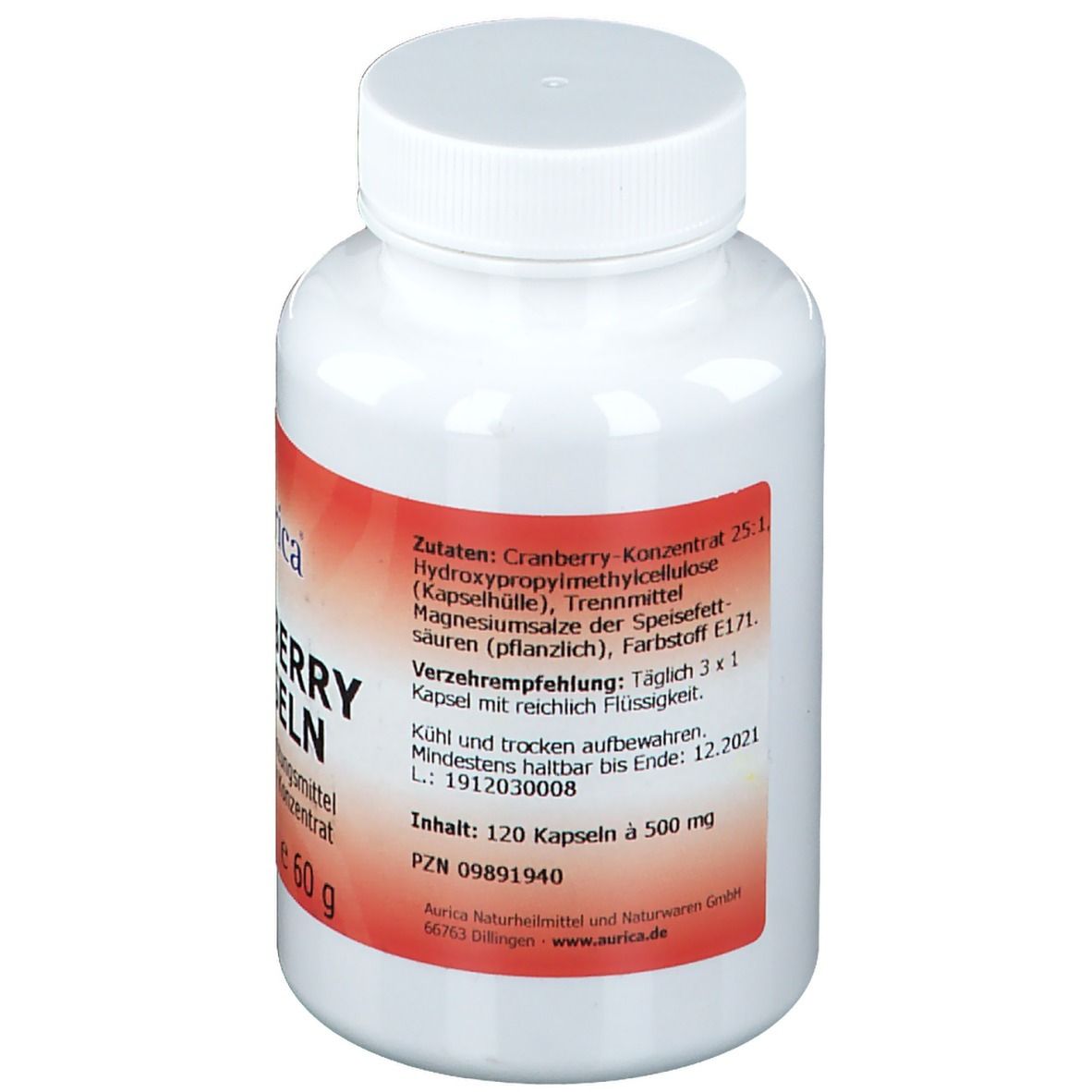 Weiße Flasche Aurica Cranberry Kapseln. Roter Aufkleber mit Produktinformationen und Logo.