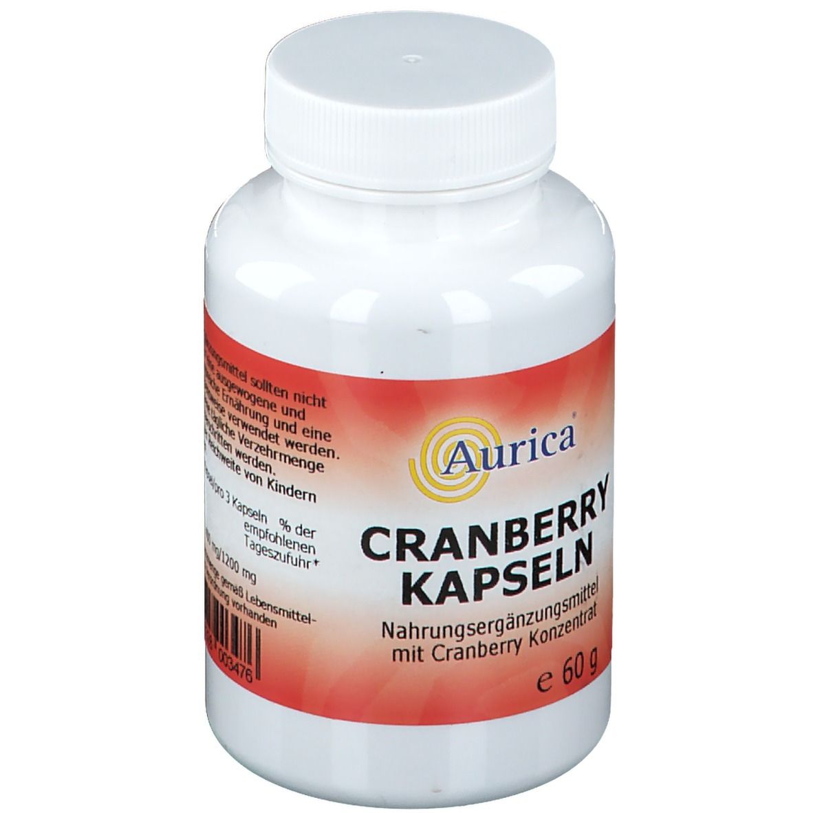 Weiße Flasche Aurica Cranberry Kapseln. Roter Aufkleber mit Produktinformationen und Logo.