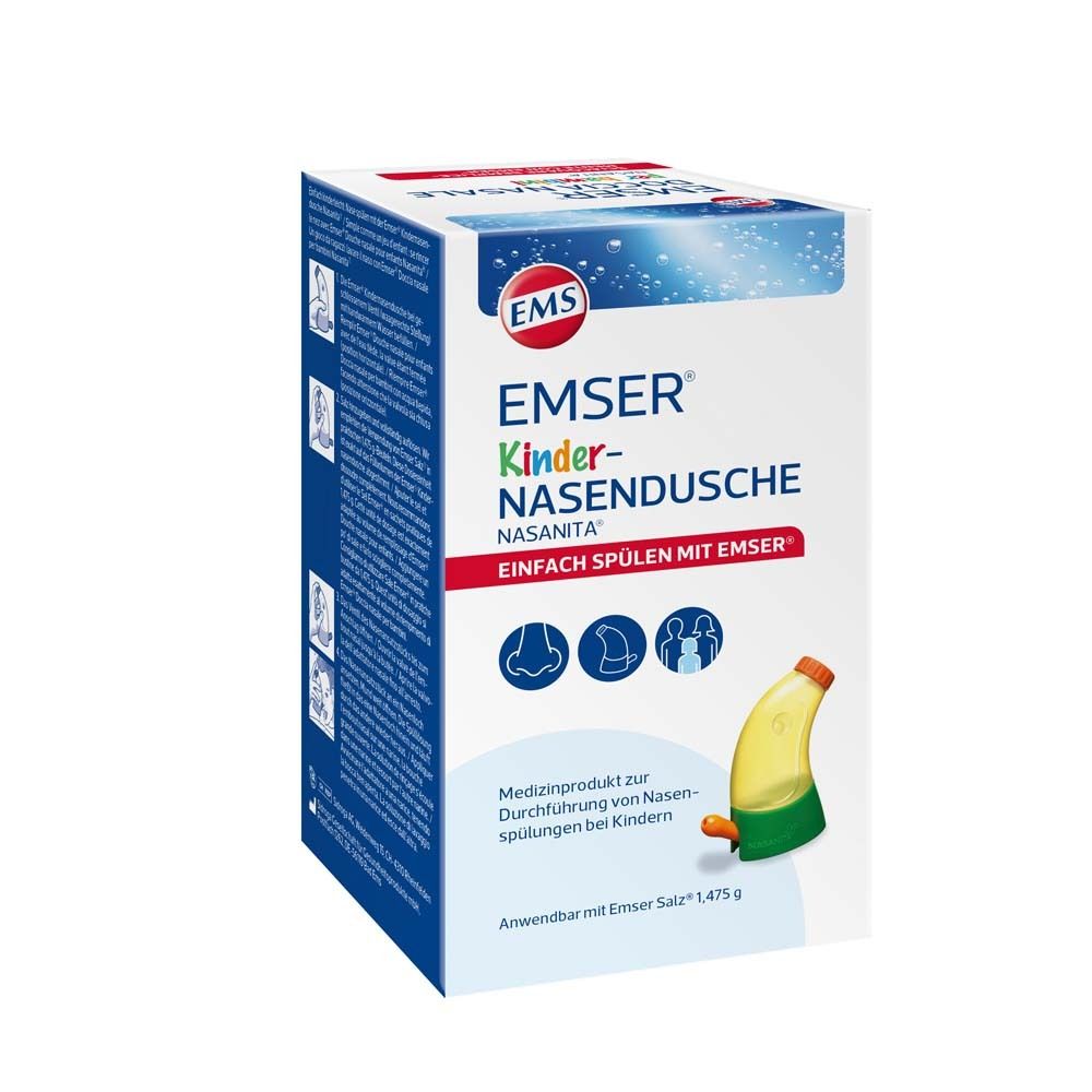 Verpackung von Emser® Kinder-Nasendusche Nasanita®. Box mit Produktabbildung und Produktnamen. Medizinprodukt.
