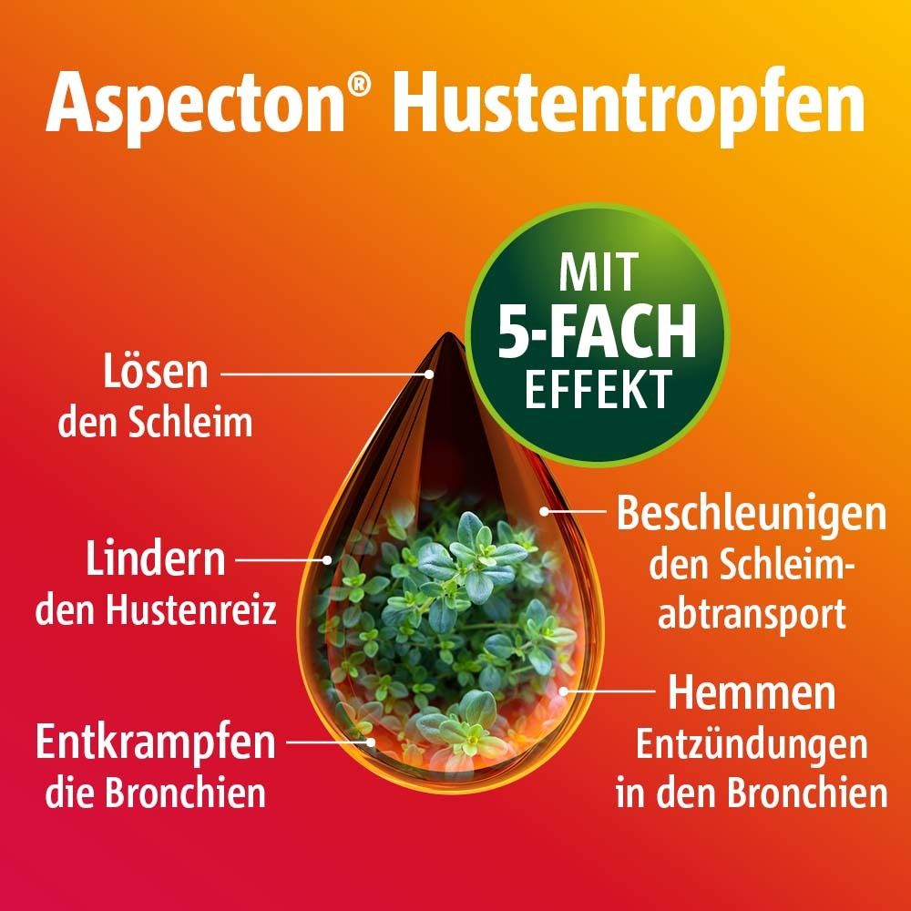 Tropfenförmige Darstellung mit Produktinformationen und grünen Kräutern. 5-fach Effekt.