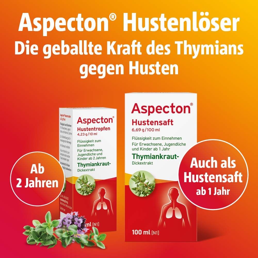 Zwei Produktverpackungen. Eine Flasche und eine Packung Hustensaft. Text: Hustenlöser, ab 2 Jahren.