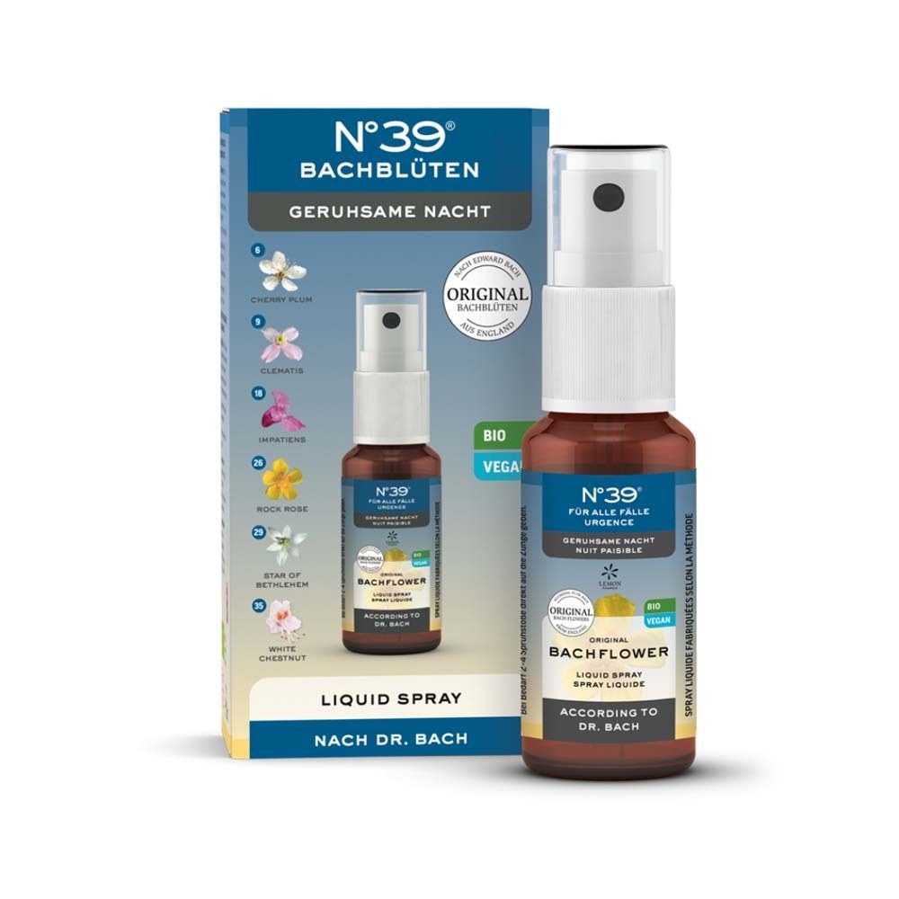 Produkt mit Verpackung. Braune Sprühflasche und Schachtel. Aufschrift: N°39, Bachblüten, Liquid Spray. Bio-Siegel.