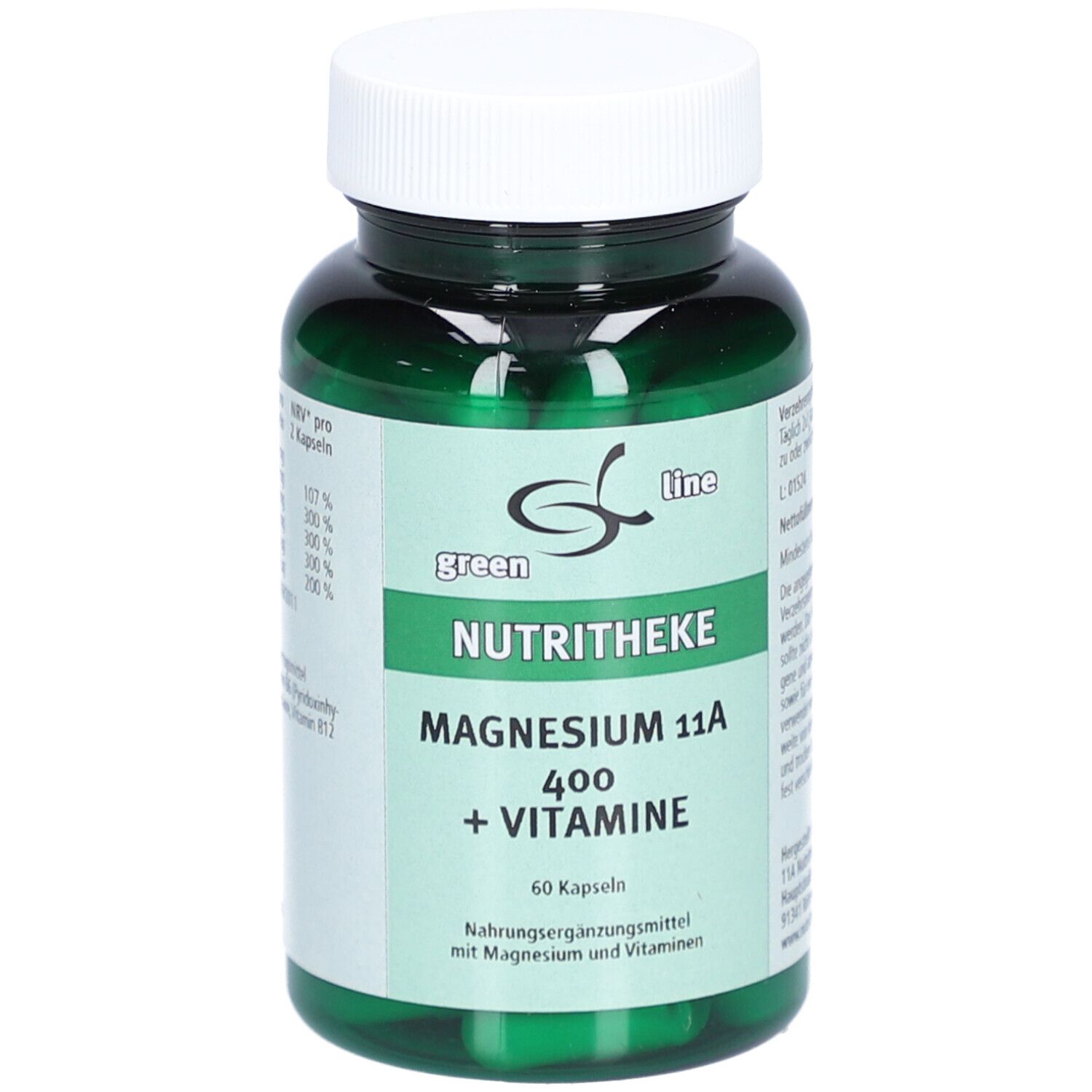 Grüne Flasche mit weißen Deckel. Aufschrift: green line NUTRITHEKE Magnesium 11A 400 + Vitamine. Enthält 60 Kapseln.