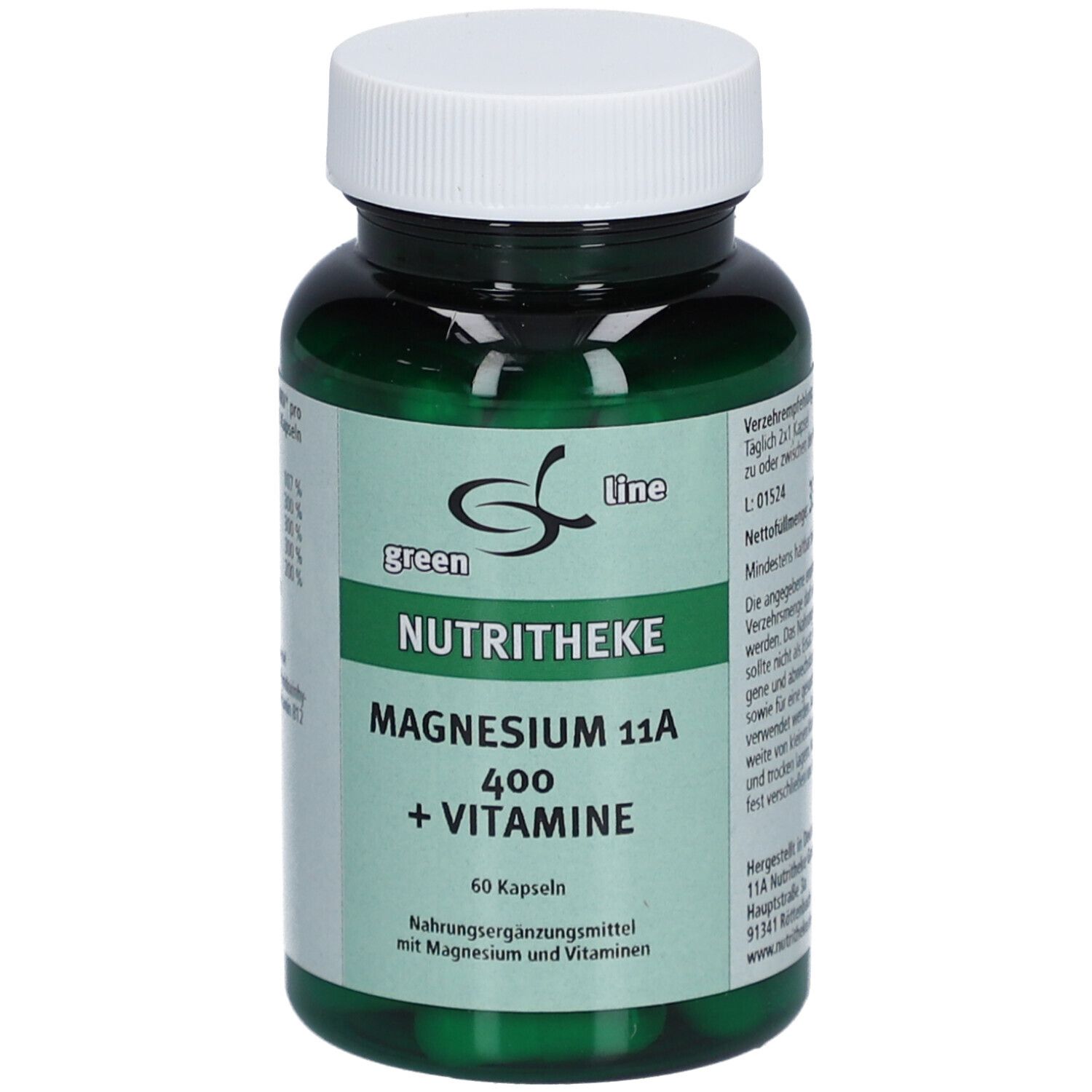 Grüne Flasche mit weißen Deckel. Aufschrift: green line NUTRITHEKE Magnesium 11A 400 + Vitamine. Enthält 60 Kapseln.