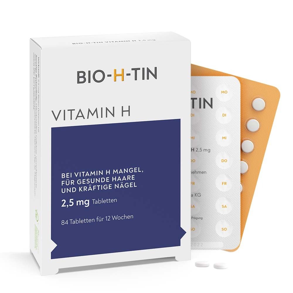 Karton mit Tablettenpackung und Tabletten. Aufschrift: BIO-H-TIN Vitamin H 2,5 mg Tabletten. 84 Tabletten.