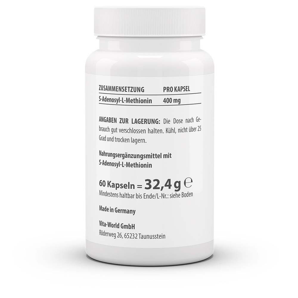 Rückseite der weißen Flasche. Angaben zur Zusammensetzung und Lagerung. 60 Kapseln = 32,4g. Made in Germany.