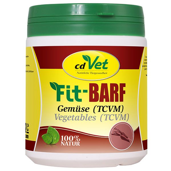 Weißer Behälter mit grünem Deckel. Aufschrift: cd Vet Fit-BARF Gemüse, 100% Natur. Logo mit Blättern und Gemüse.