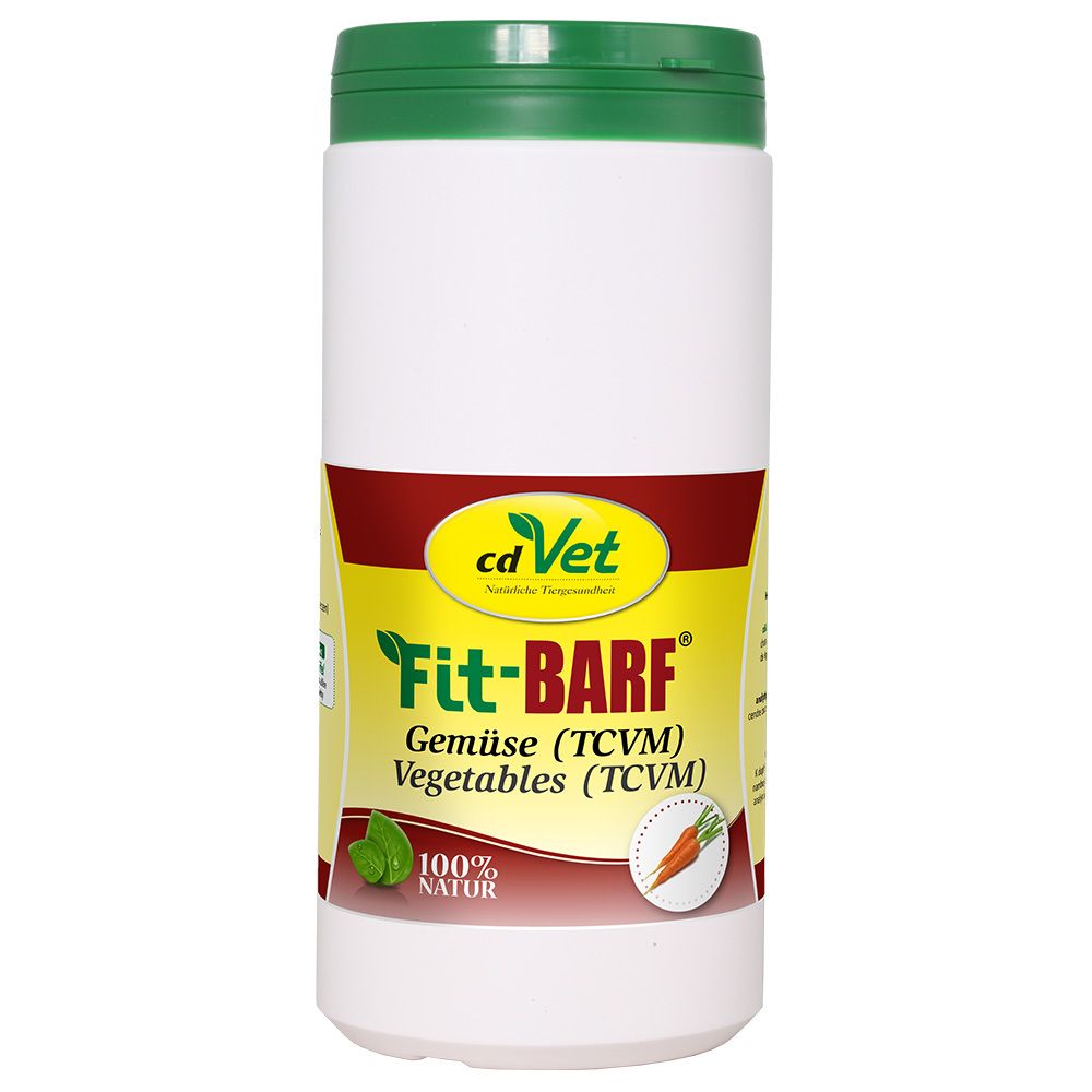 Weiße Dose mit grünem Deckel. Aufschrift: cd Vet, Fit-BARF, Gemüse, Vegetables. Mit Karotten- und Blatt-Illustration.