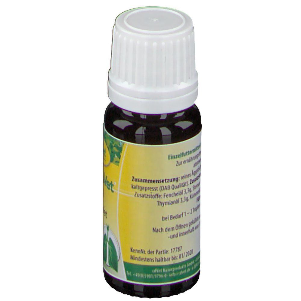 Braune Glasflasche mit weißem Deckel. Etikett mit Inhaltsstoffen und Haltbarkeitsdatum. Text in deutscher Sprache.