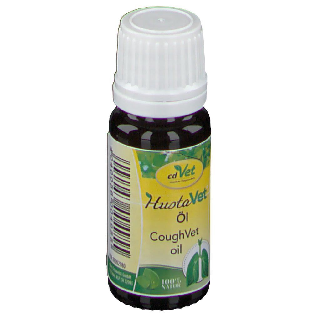 Braune Glasflasche mit weißem Deckel. Etikett mit Produktnamen, Logo und Abbildung einer Lunge. "CoughVet oil".