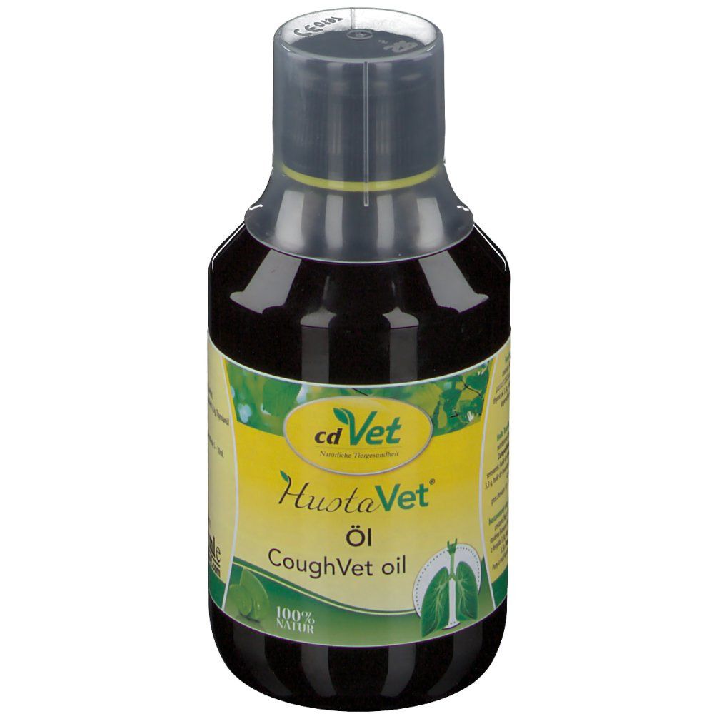 Braune Flüssigkeit in einer Flasche mit gelbem Etikett. Aufschrift: cdVet HustaVet Öl, CoughVet oil.