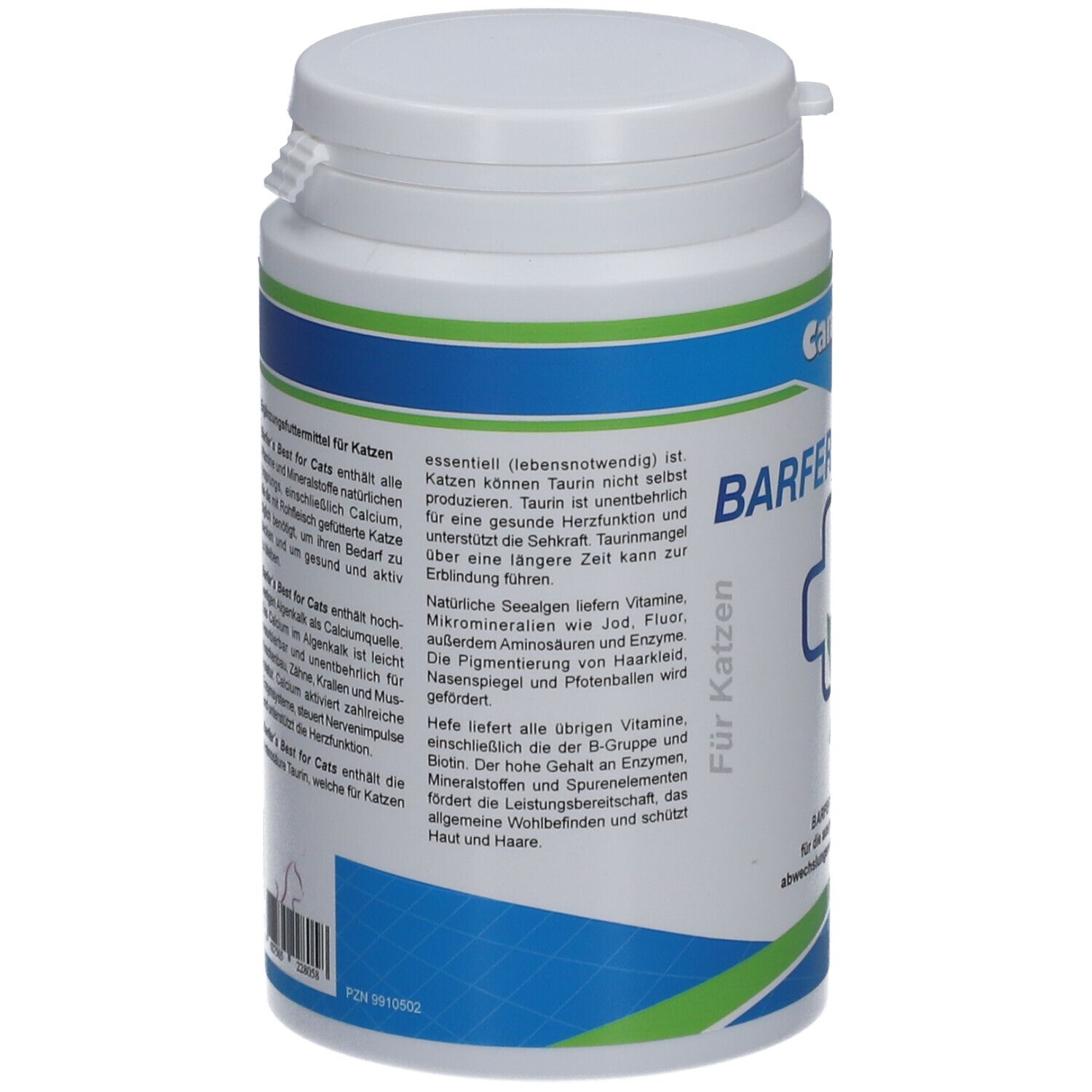 Weiße Dose mit blau-grüner Beschriftung. Text: Barfer's Best für Katzen. Rückseite mit Inhaltsangaben und Text.