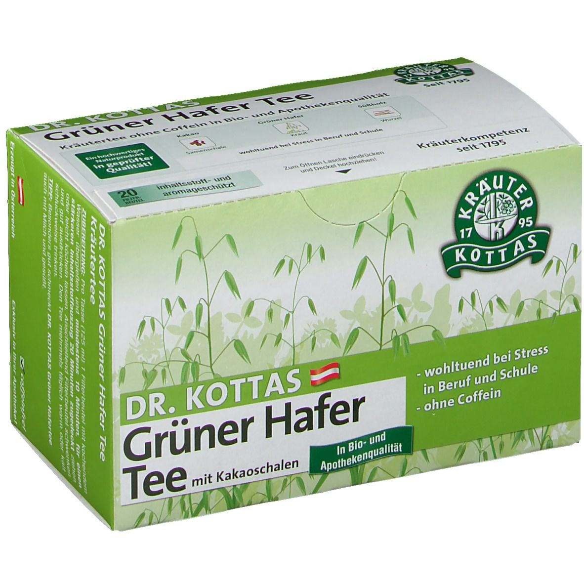 Karton Dr. Kottas Grüner Hafer Tee mit Kakaoschalen. Grün-weiße Verpackung mit Produktnamen und Logo. 20 Teebeutel.