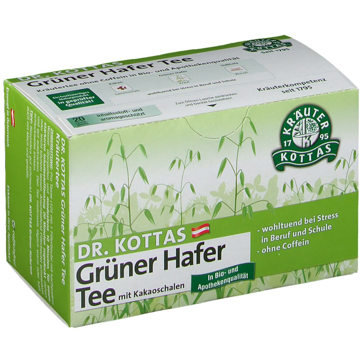 Karton Dr. Kottas Grüner Hafer Tee mit Kakaoschalen. Grün-weiße Verpackung mit Produktnamen und Logo. 20 Teebeutel.