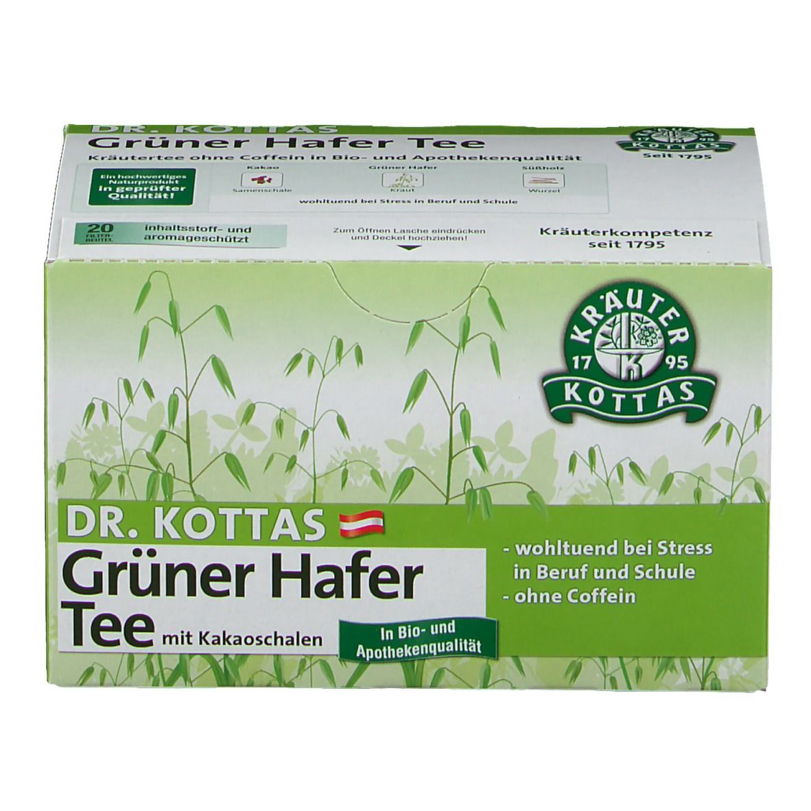 Dr. Kottas Grüner Hafer Tee mit Kakaoschalen. Grün-weiße Verpackung mit Logo und Produktnamen. 20 Teebeutel.