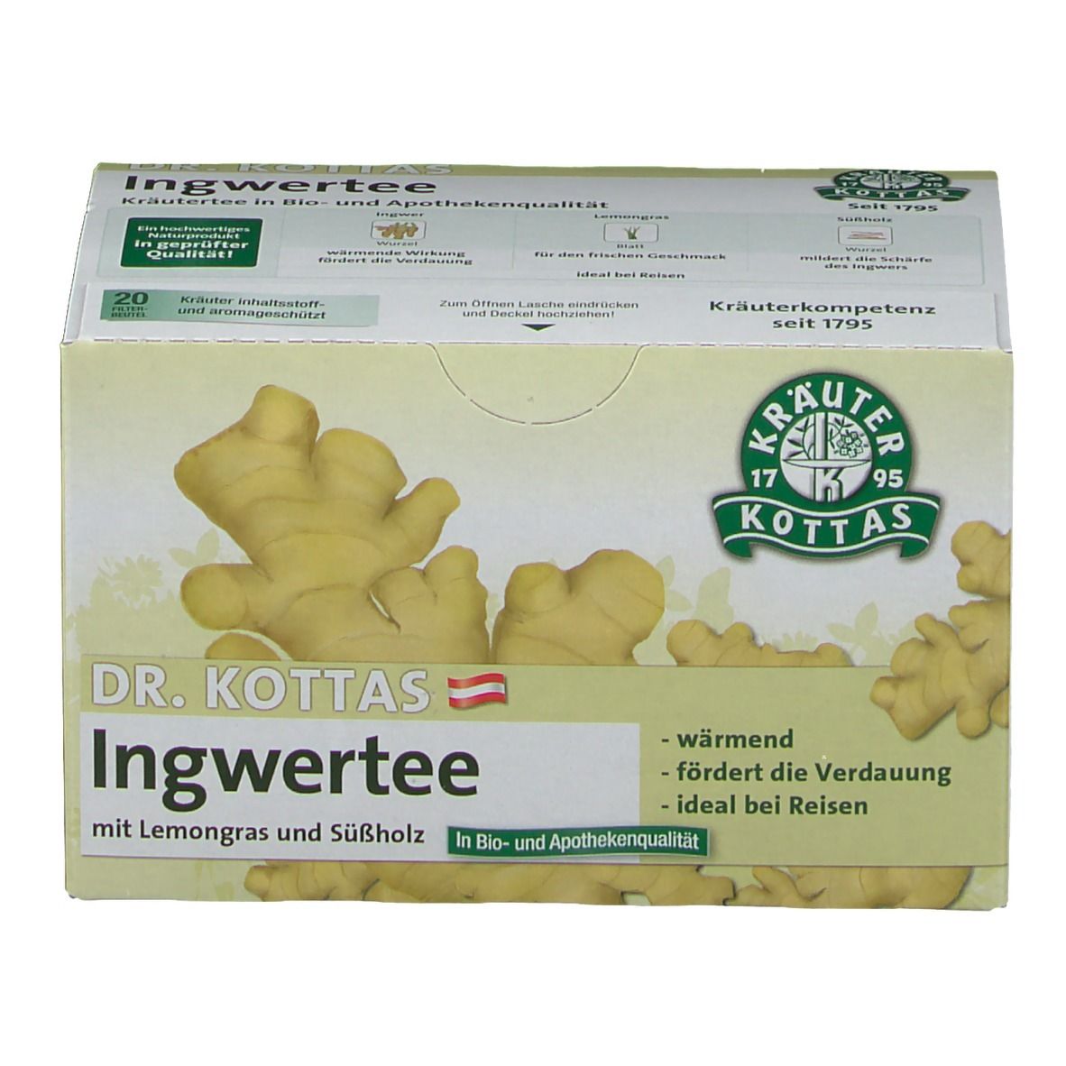 DR. KOTTAS Ingwertee mit Lemongras und Süßholz, Vorderseite der Verpackung.