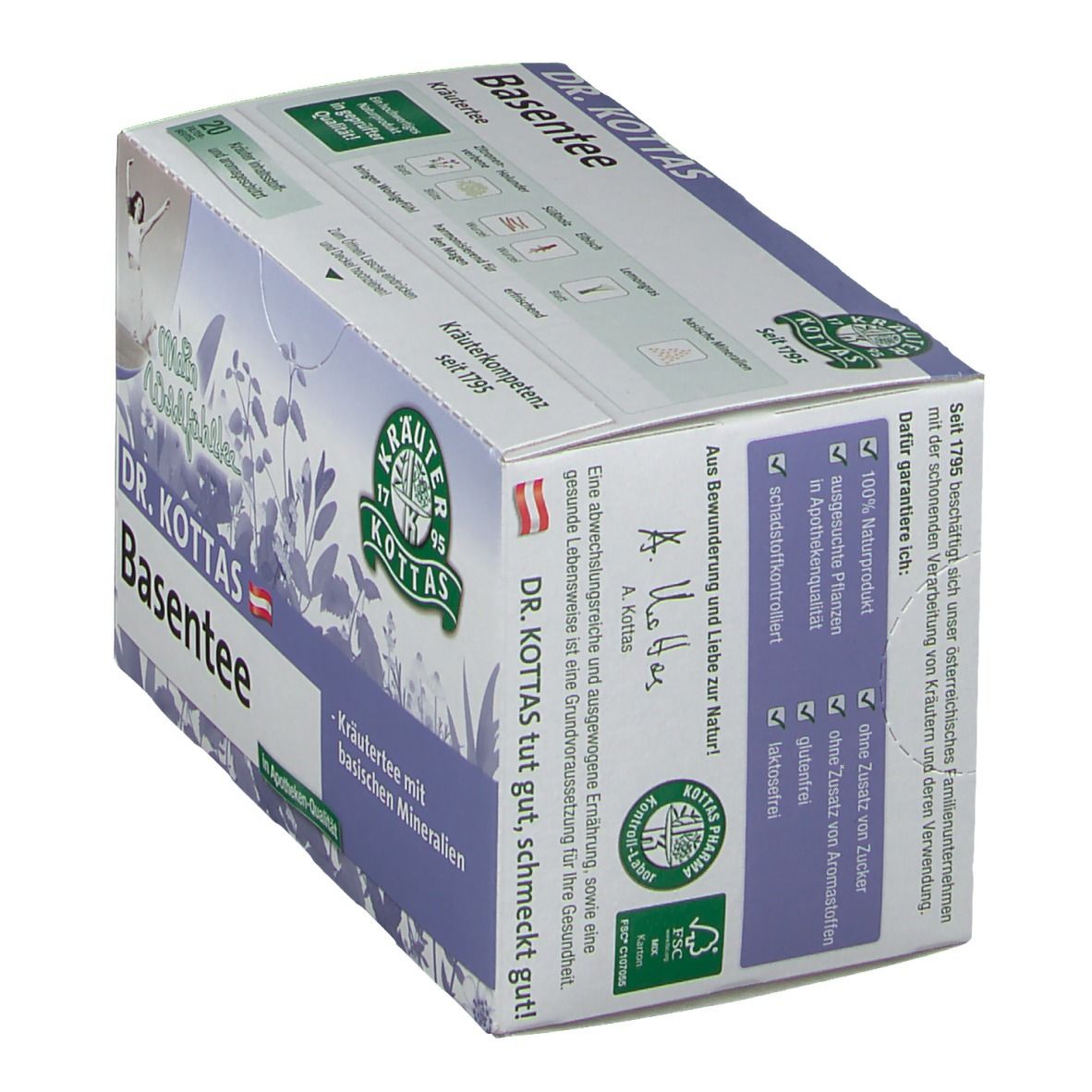DR. KOTTAS Basentee Kräutertee mit basischen Mineralien, Rückseite der Verpackung.