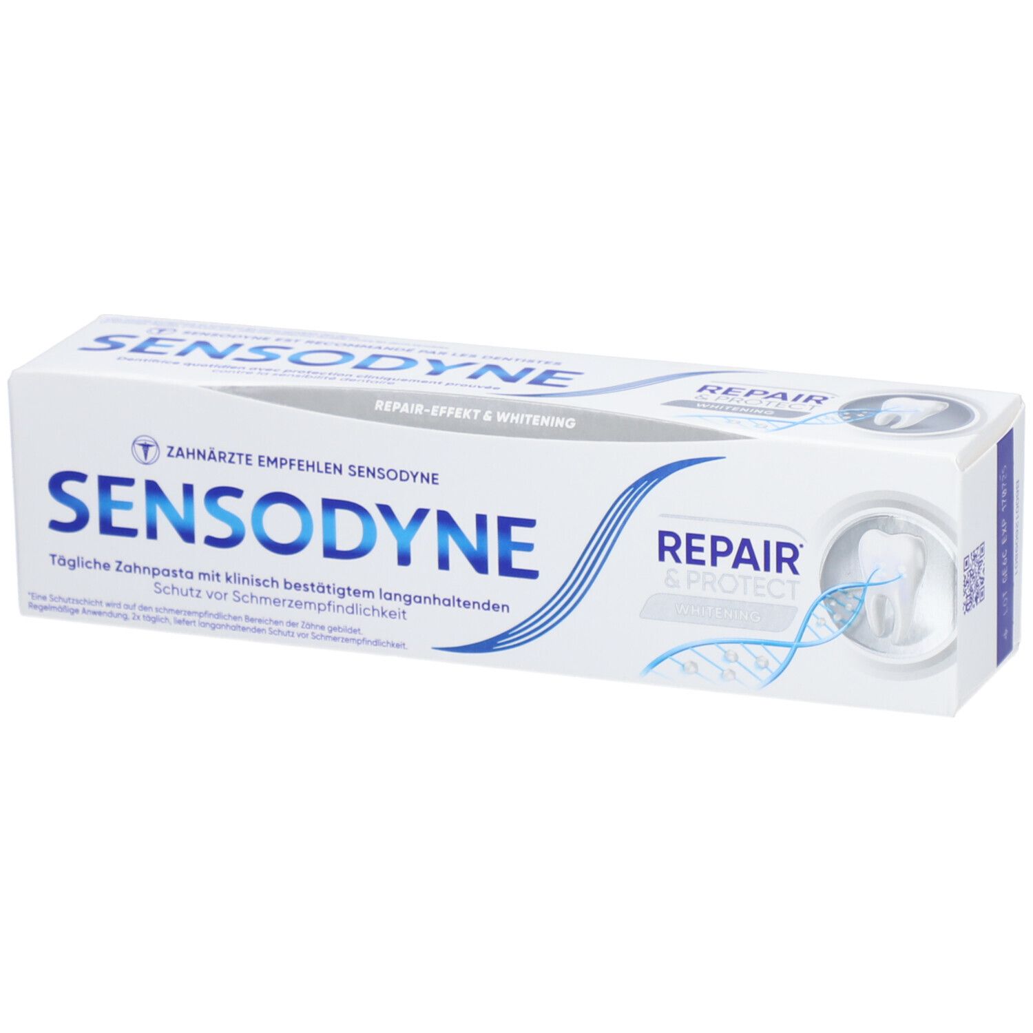 Weiße Schachtel mit blauer Schrift. Aufschrift: SENSODYNE, REPAIR & PROTECT Whitening. Zahnärzte empfehlen SENSODYNE.