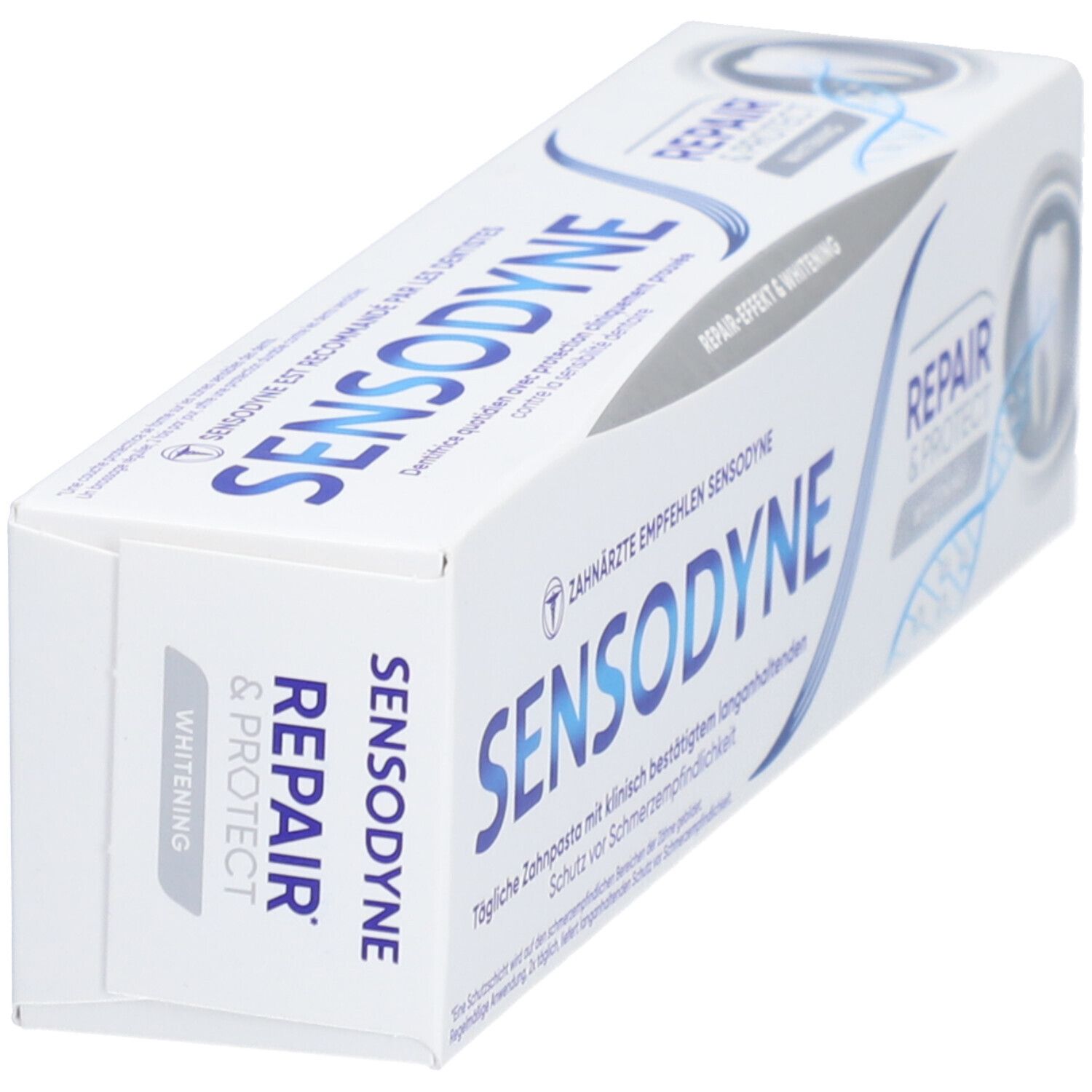 Weiße Schachtel, schräg. Aufschrift: SENSODYNE, REPAIR & PROTECT Whitening. Zahnärzte empfehlen SENSODYNE. Blaue Wellen.
