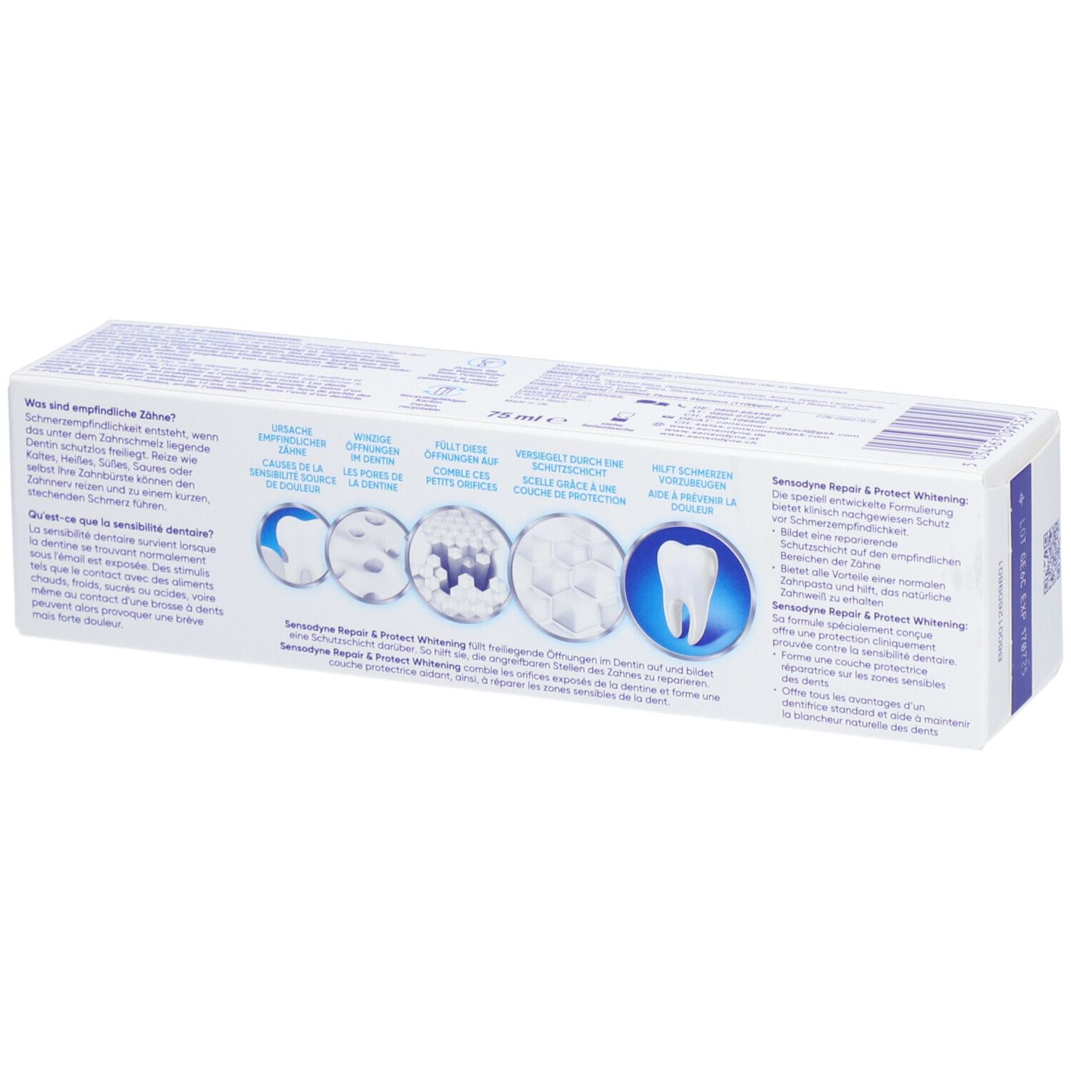 Weiße Schachtel, Rückseite. Text in mehreren Sprachen. Illustrationen von Zähnen und Zahnstrukturen. SENSODYNE Repair & Protect Whitening.
