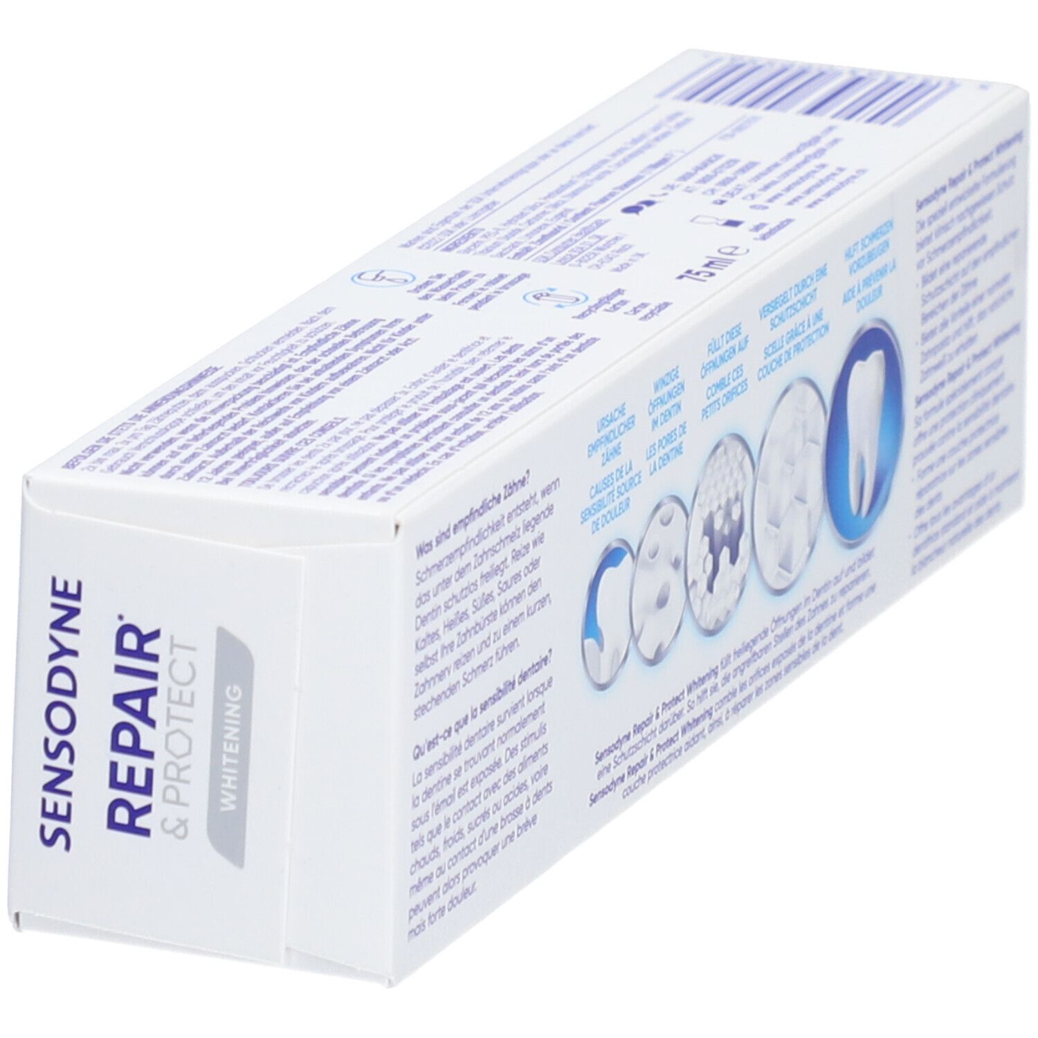 Weiße Schachtel, schräg, Rückseite. Text in mehreren Sprachen. Illustrationen von Zähnen und Zahnstrukturen. SENSODYNE Repair & Protect Whitening.