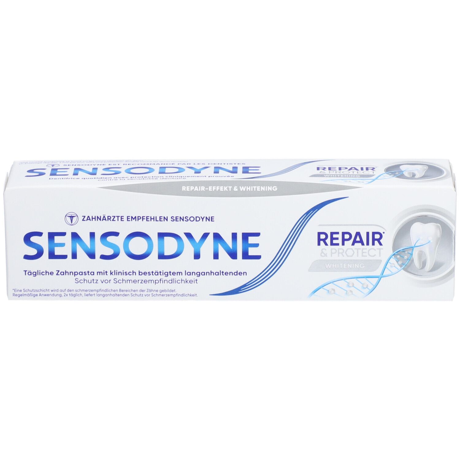 Weiße Schachtel mit blauer Schrift. Aufschrift: SENSODYNE, REPAIR & PROTECT Whitening. Zahnärzte empfehlen SENSODYNE.