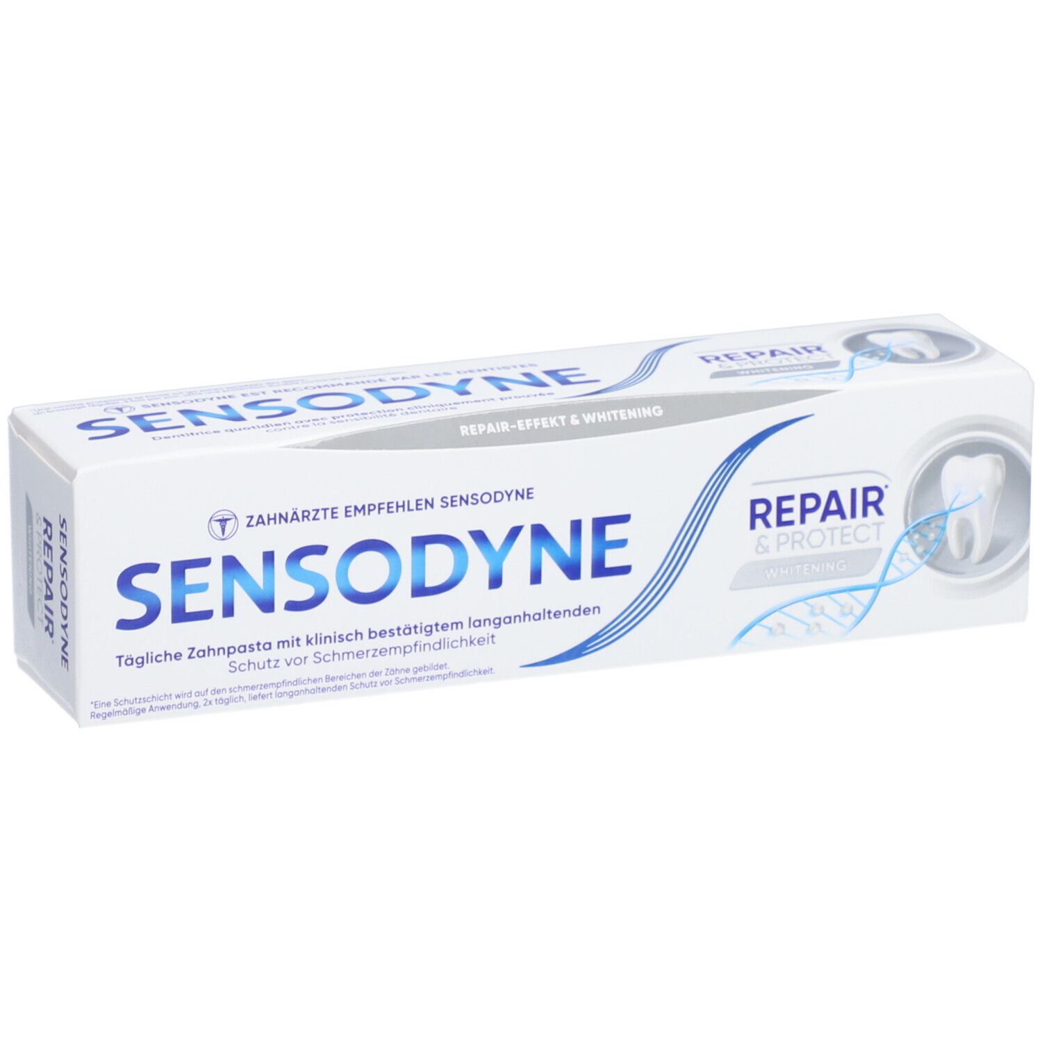 Weiße Schachtel mit blauer Schrift. Aufschrift: SENSODYNE, REPAIR & PROTECT Whitening. Zahnärzte empfehlen SENSODYNE.
