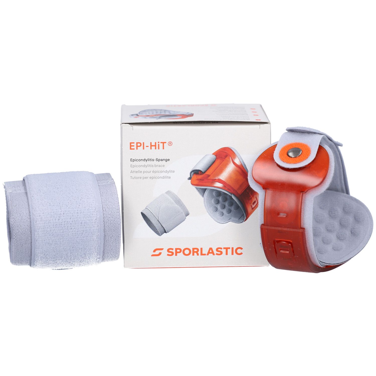 Produkt und Verpackung. Bandage mit roter Kunststoff-Komponente und Noppen, Klettverschluss und Karton.