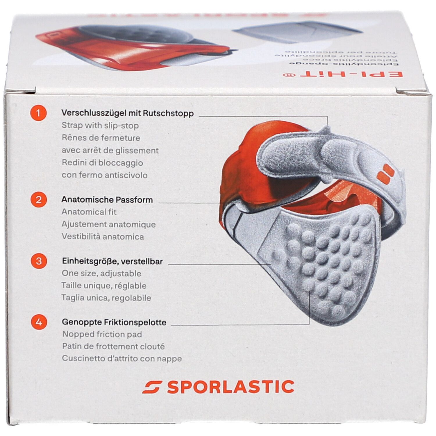 Karton mit Produktabbildung und Text. Beschriftung mit Produktmerkmalen und SPORLASTIC Logo.