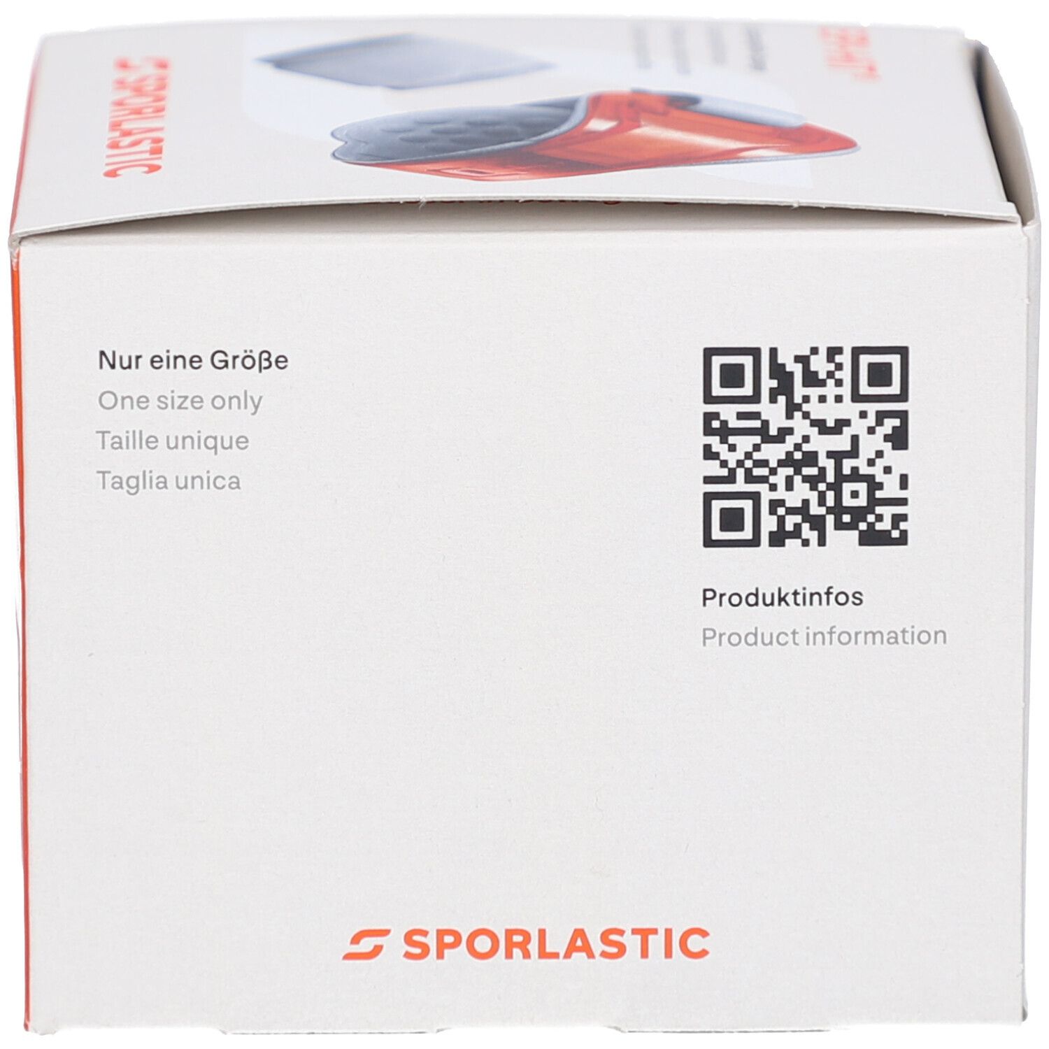 Karton mit Text und QR-Code. Text: Nur eine Größe. Produktinformationen. SPORLASTIC Logo.