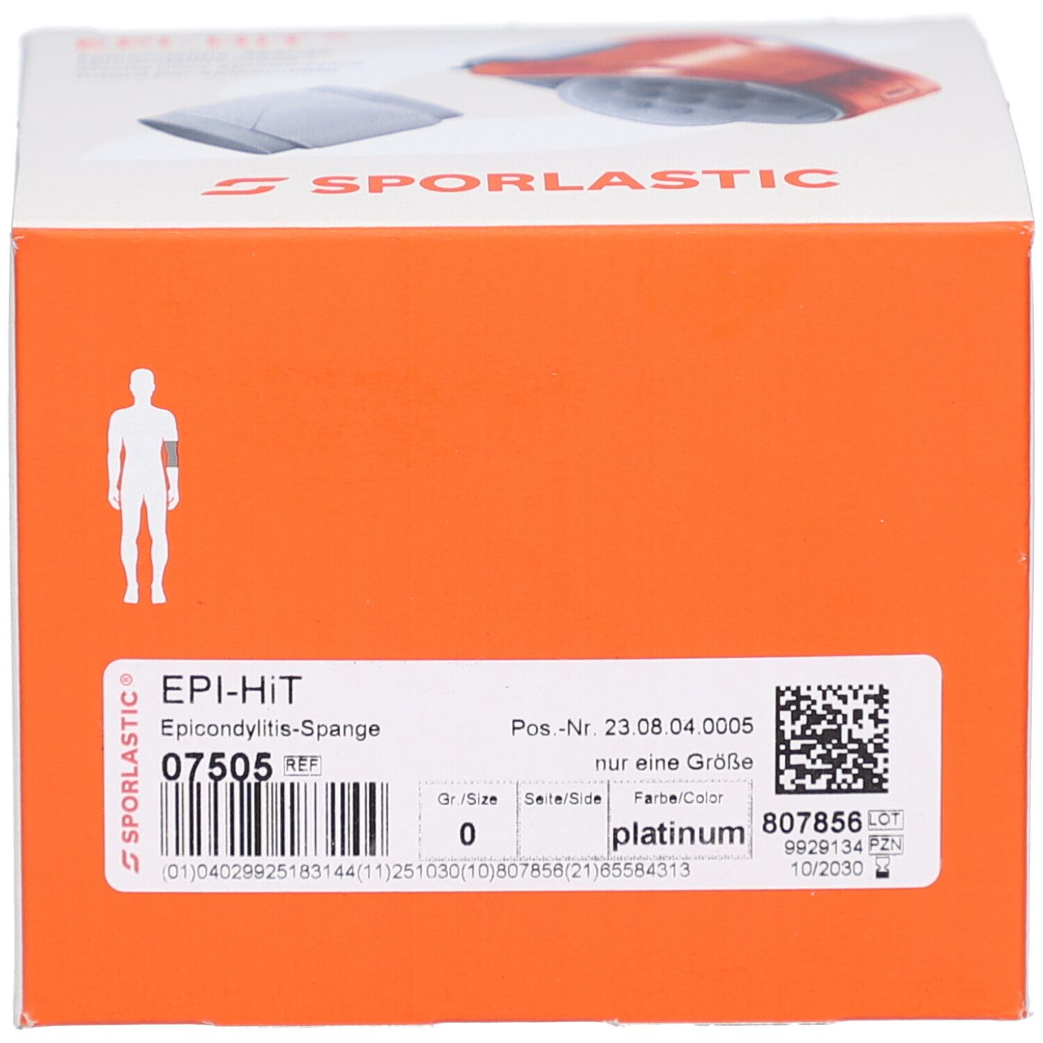 Karton mit Produktinformationen. Produktname: EPI-HIT 07505. Farbe: platinum. SPORLASTIC Logo.