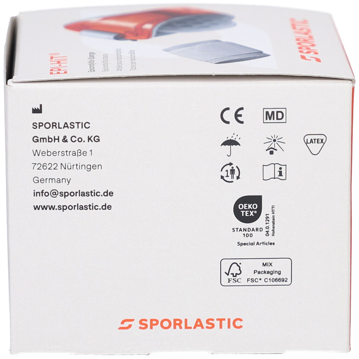 Karton mit Herstelleradresse, Logos und Zertifizierungen. SPORLASTIC Logo.