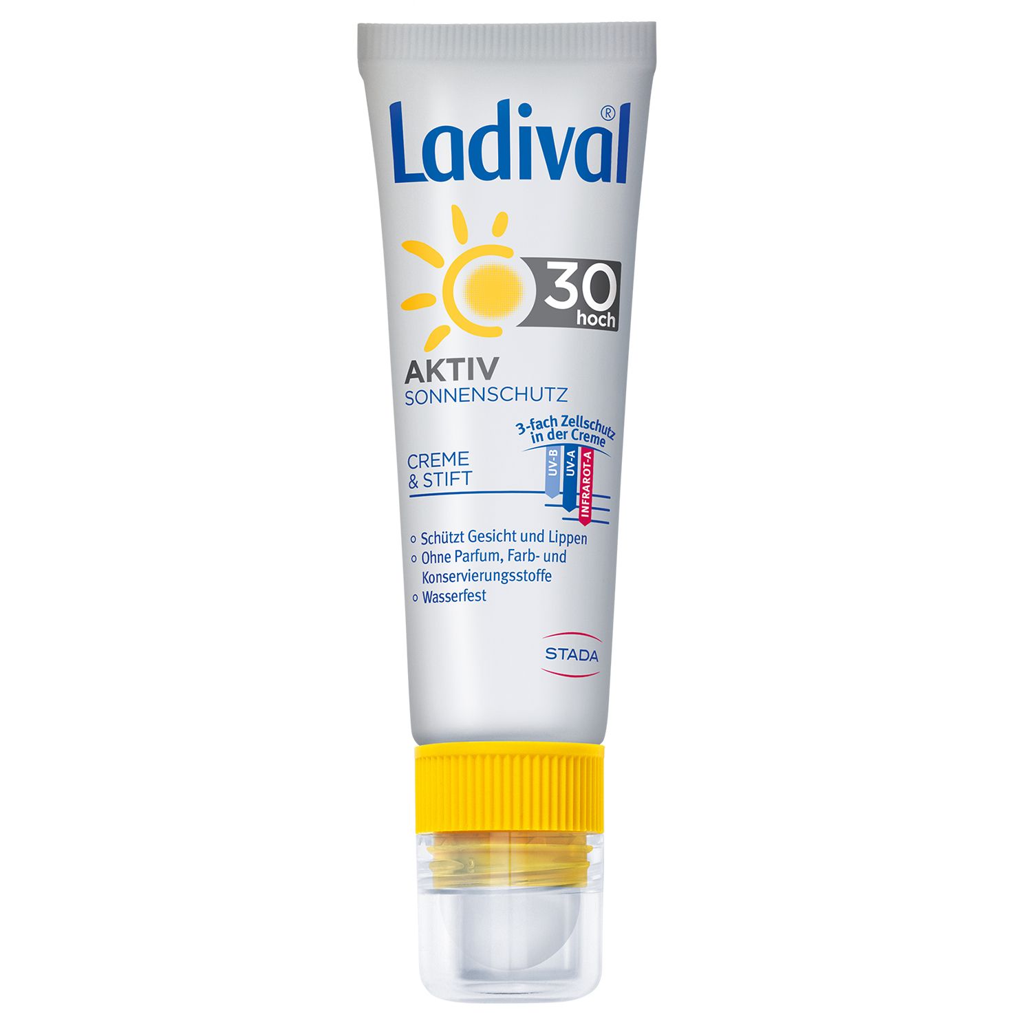 Sonnencreme- und Stift-Kombination. Weißes Tube mit gelbem Applikator. Aufschrift: Ladival, Aktiv Sonnenschutz LSF 30.