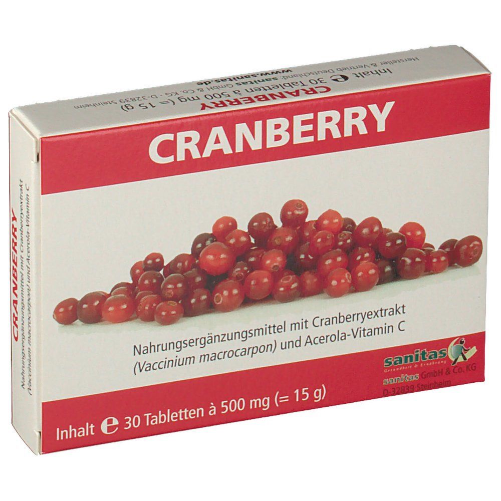 Karton mit Cranberry-Tabletten. Roter Schriftzug "CRANBERRY" und Abbildung von Cranberrys. Sanitas Logo.