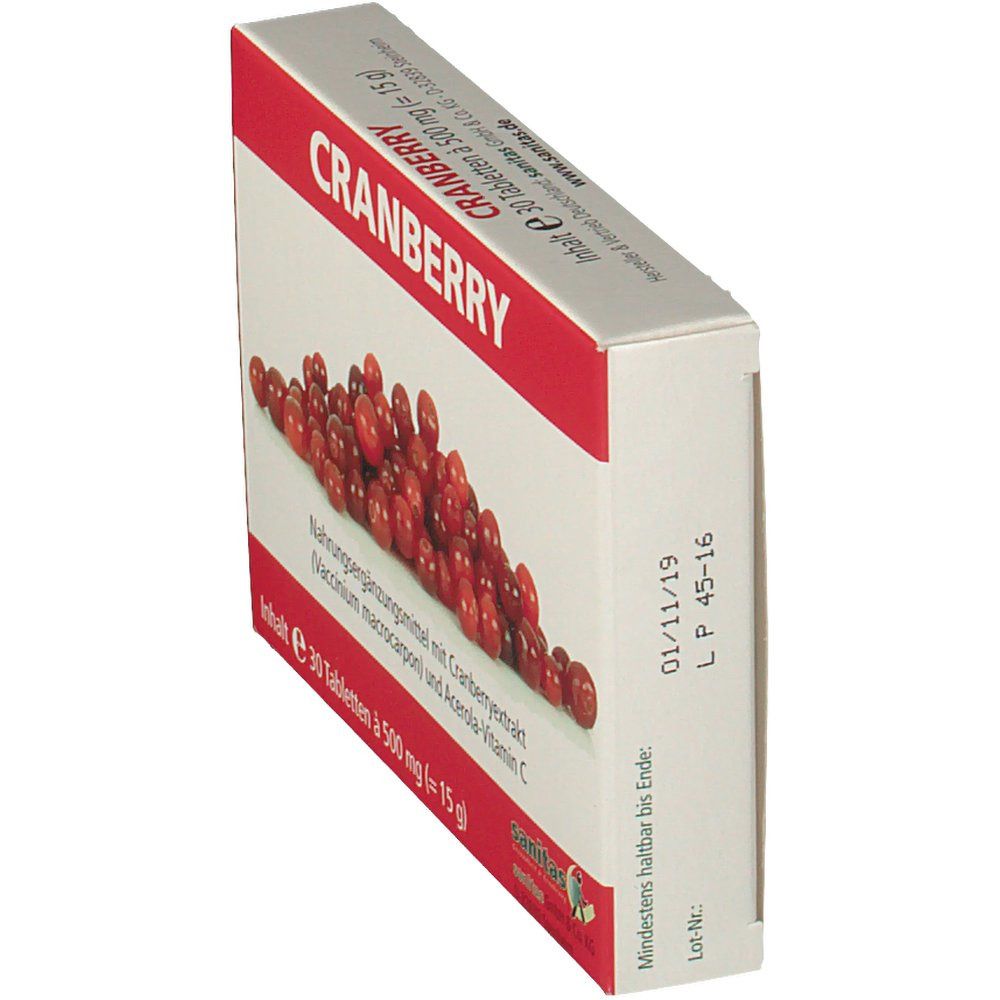 Schrägansicht der Cranberry-Tabletten-Packung. Roter Schriftzug "CRANBERRY". Abbildung von Cranberrys. Sanitas Logo.