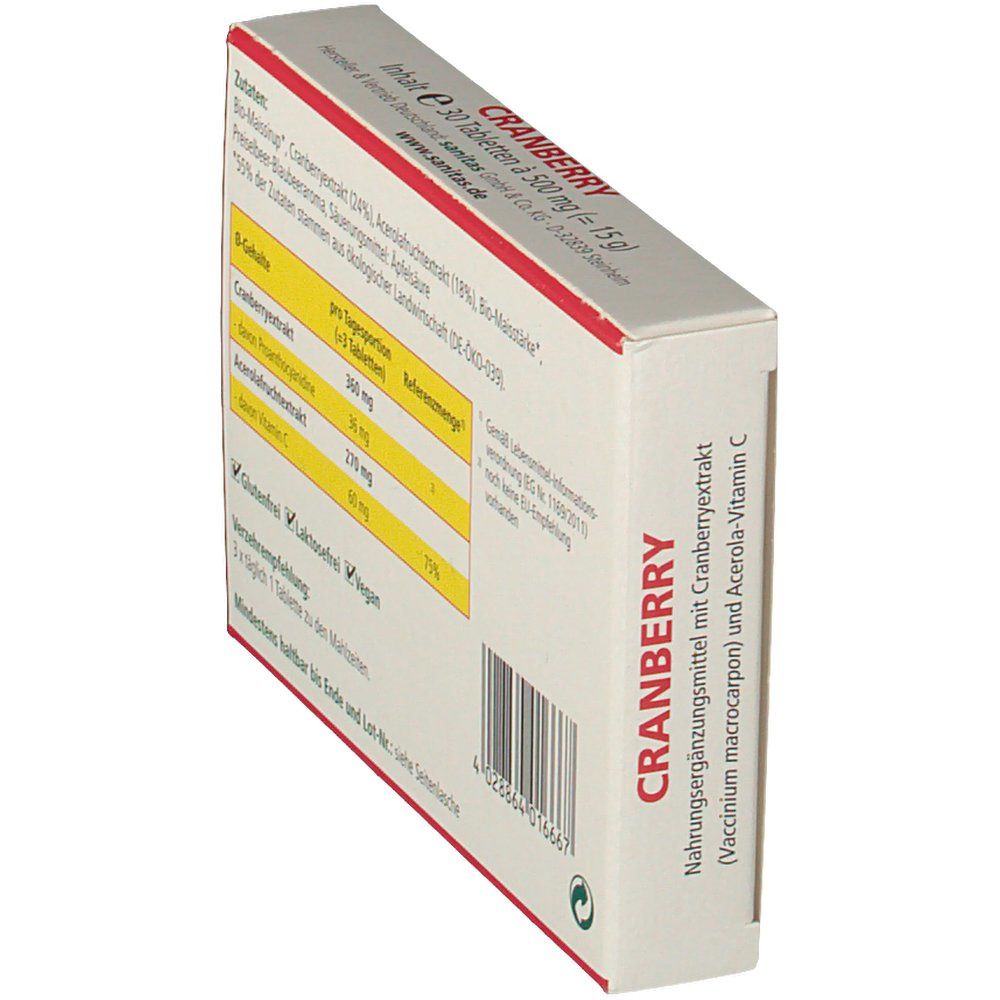 Schrägansicht der Rückseite der Cranberry-Tabletten-Packung. Inhaltsstoffe und Nährwerttabelle. Glutenfrei, Laktosefrei, Vegan.